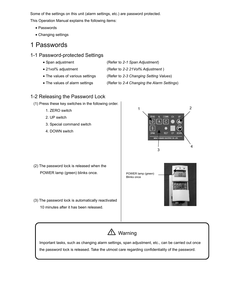 1 passwords, 1 password-protected settings, 2 releasing the password lock | Warning | DOD PS-7 User Manual | Page 2 / 9