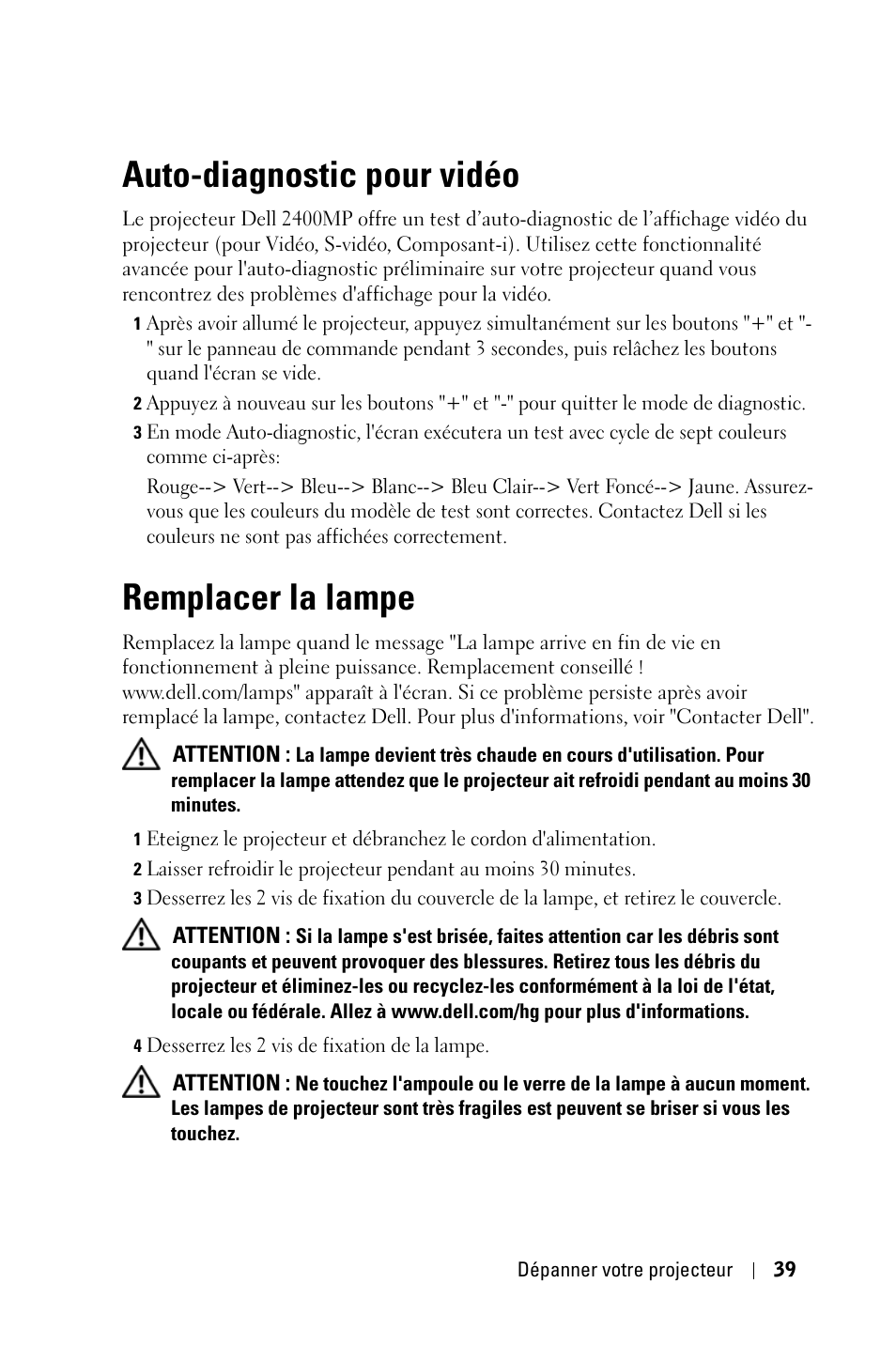 Auto-diagnostic pour vidéo, Remplacer la lampe, Ir à la | Dell 2400MP User Manual | Page 119 / 346