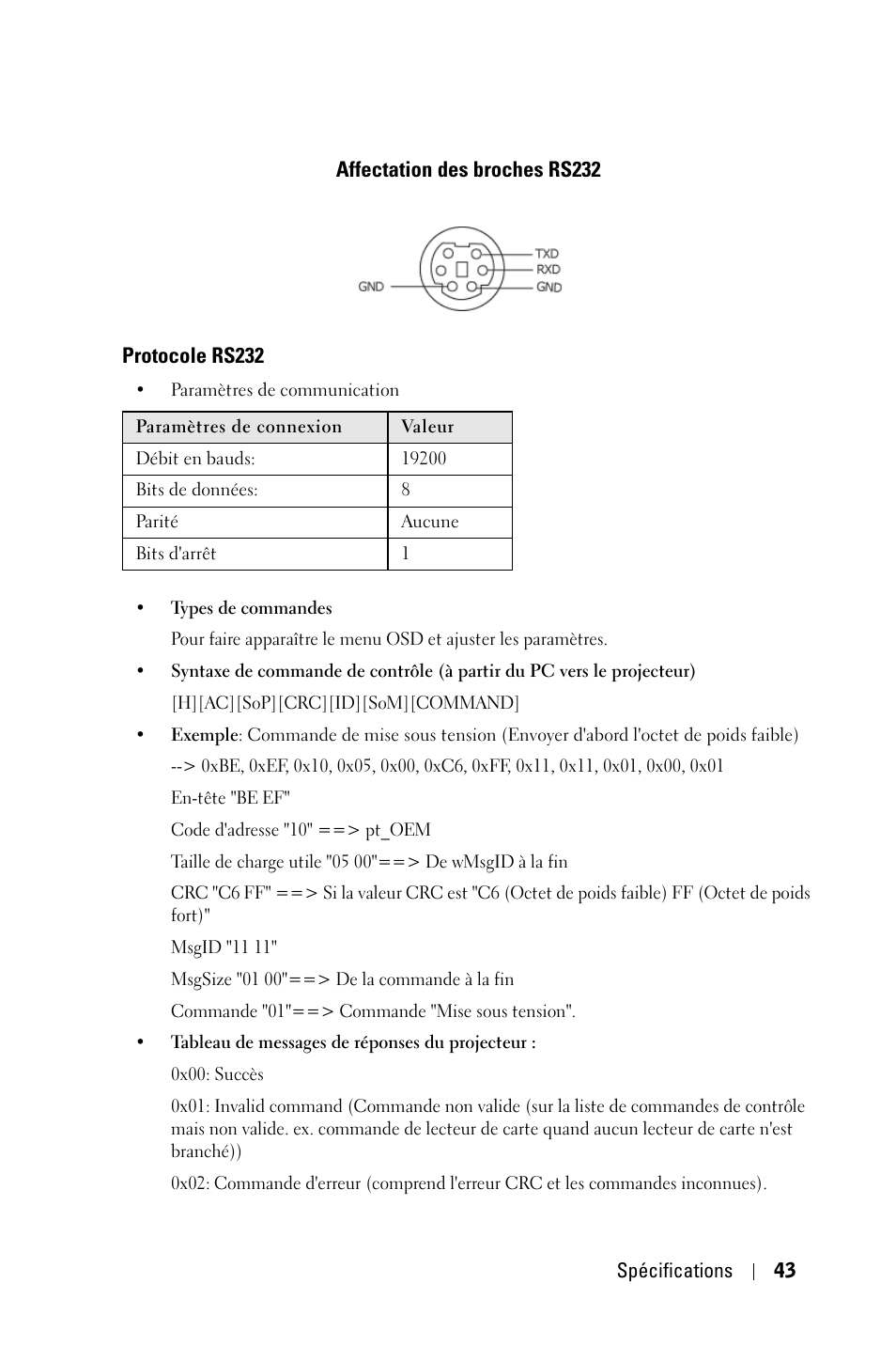 Affectation des broches rs232, Protocole rs232 | Dell 2400MP User Manual | Page 123 / 346