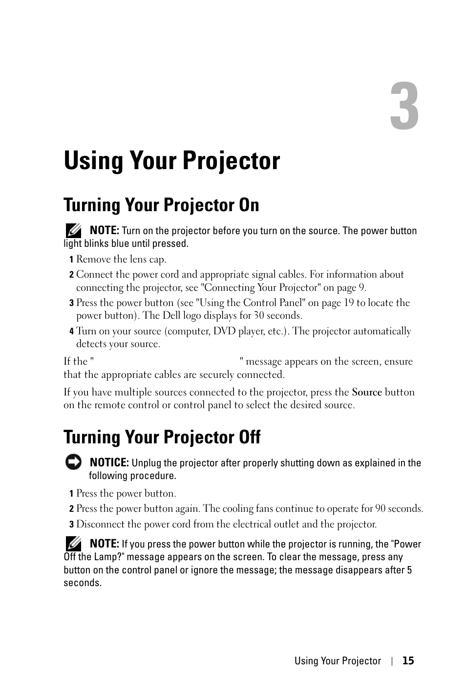 Using your projector, Turning your projector on, Turning your projector off | Dell 2400MP User Manual | Page 15 / 346