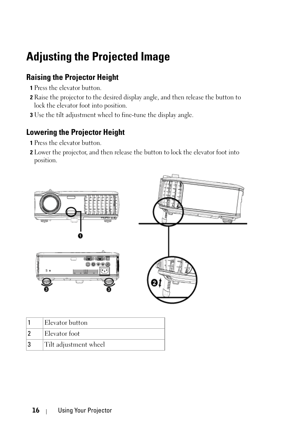 Adjusting the projected image, Raising the projector height, Lowering the projector height | Dell 2400MP User Manual | Page 16 / 346