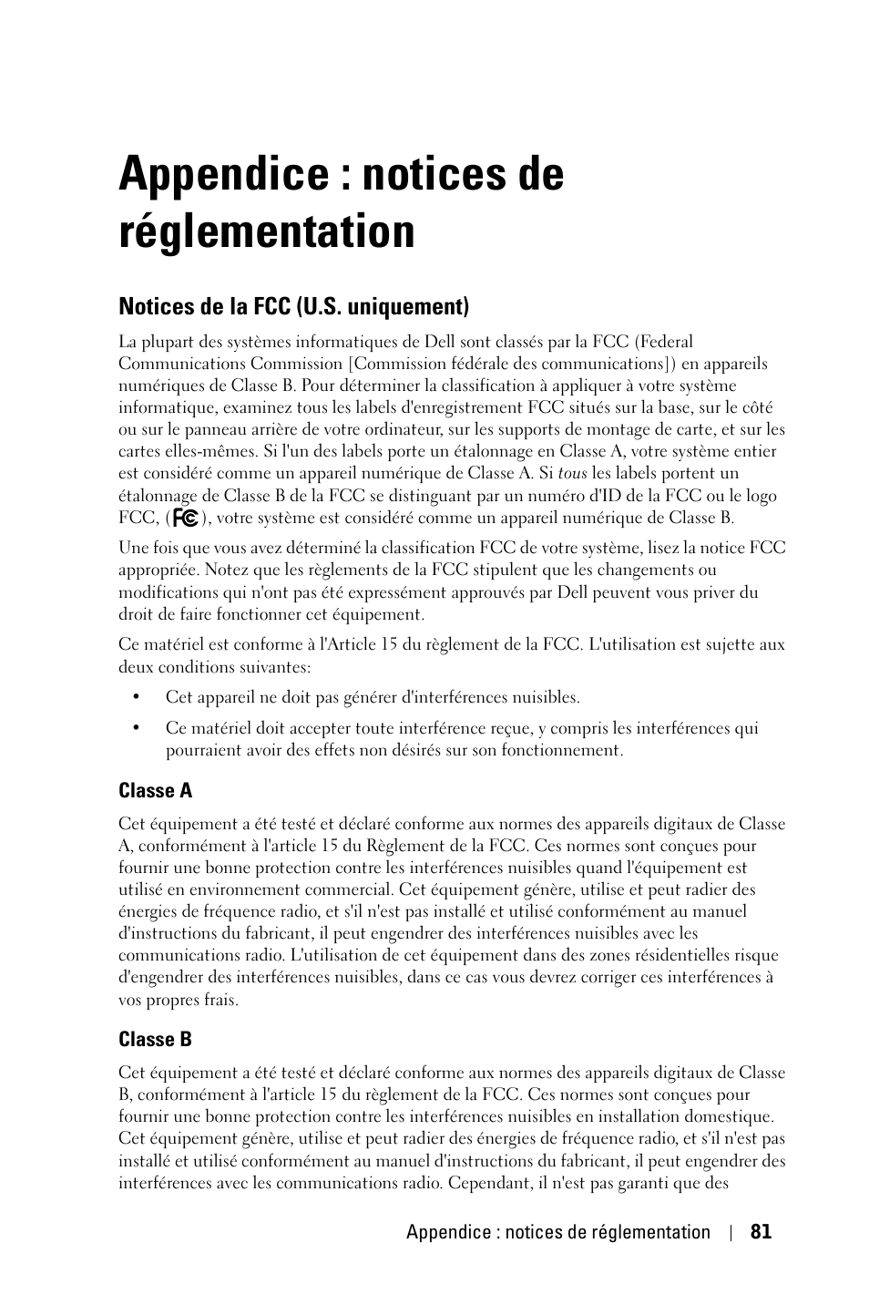 Appendice : notices de réglementation, Notices de la fcc (u.s. uniquement) | Dell 2400MP User Manual | Page 161 / 346