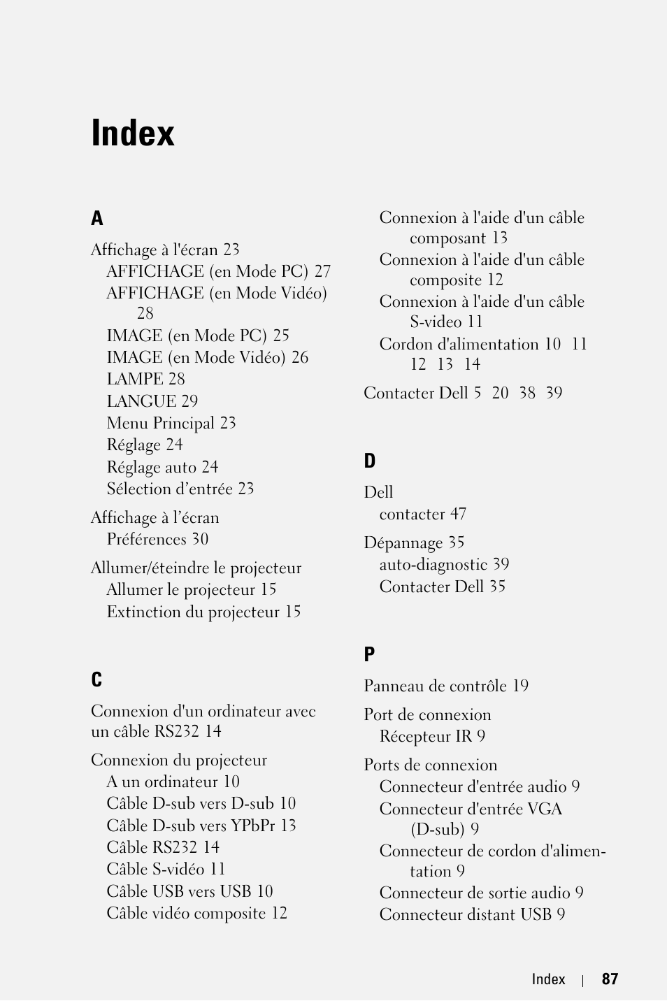 Index | Dell 2400MP User Manual | Page 167 / 346