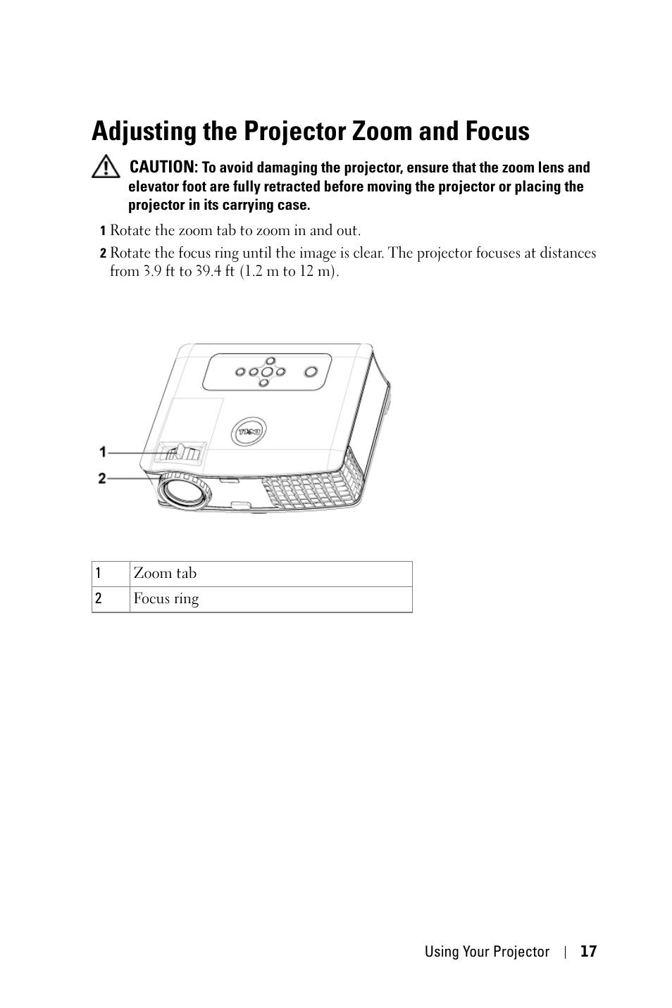 Adjusting the projector zoom and focus | Dell 2400MP User Manual | Page 17 / 346