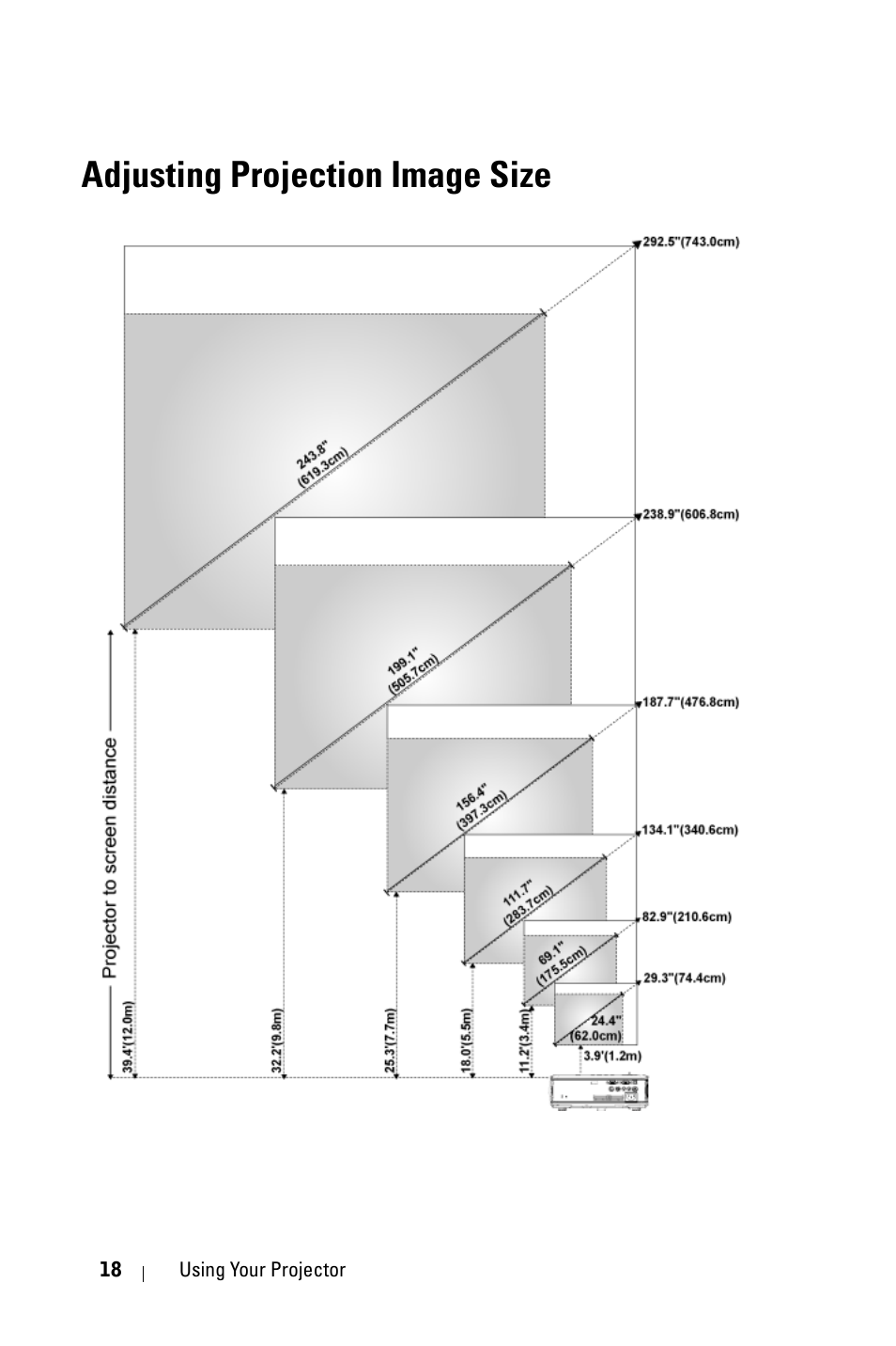 Adjusting projection image size | Dell 2400MP User Manual | Page 18 / 346