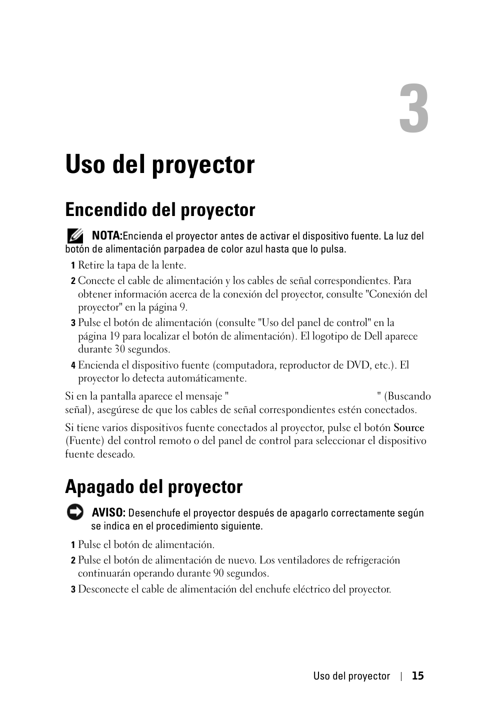 Uso del proyector, Encendido del proyector, Apagado del proyector | Dell 2400MP User Manual | Page 183 / 346