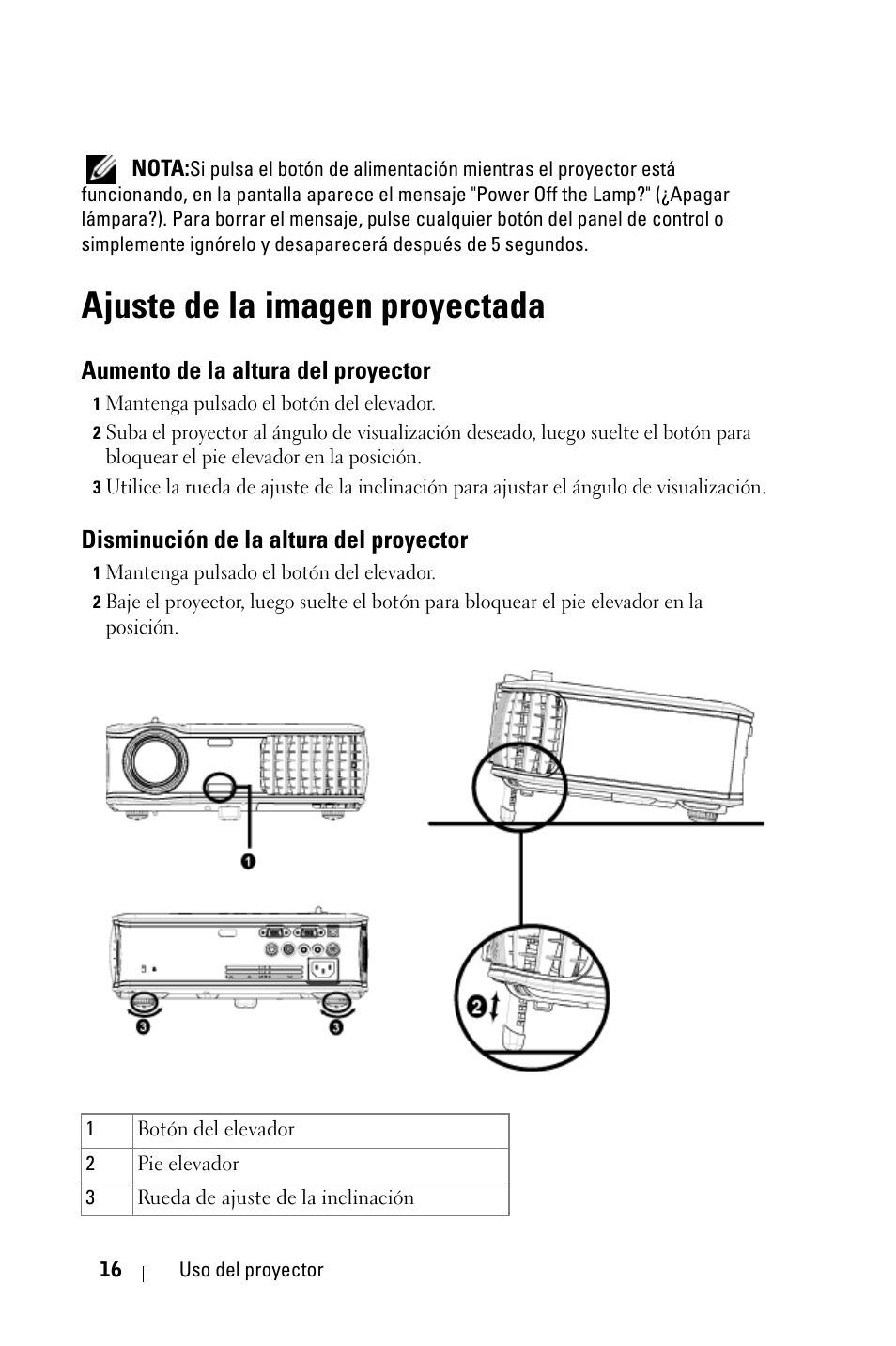 Ajuste de la imagen proyectada, Aumento de la altura del proyector, Disminución de la altura del proyector | Dell 2400MP User Manual | Page 184 / 346