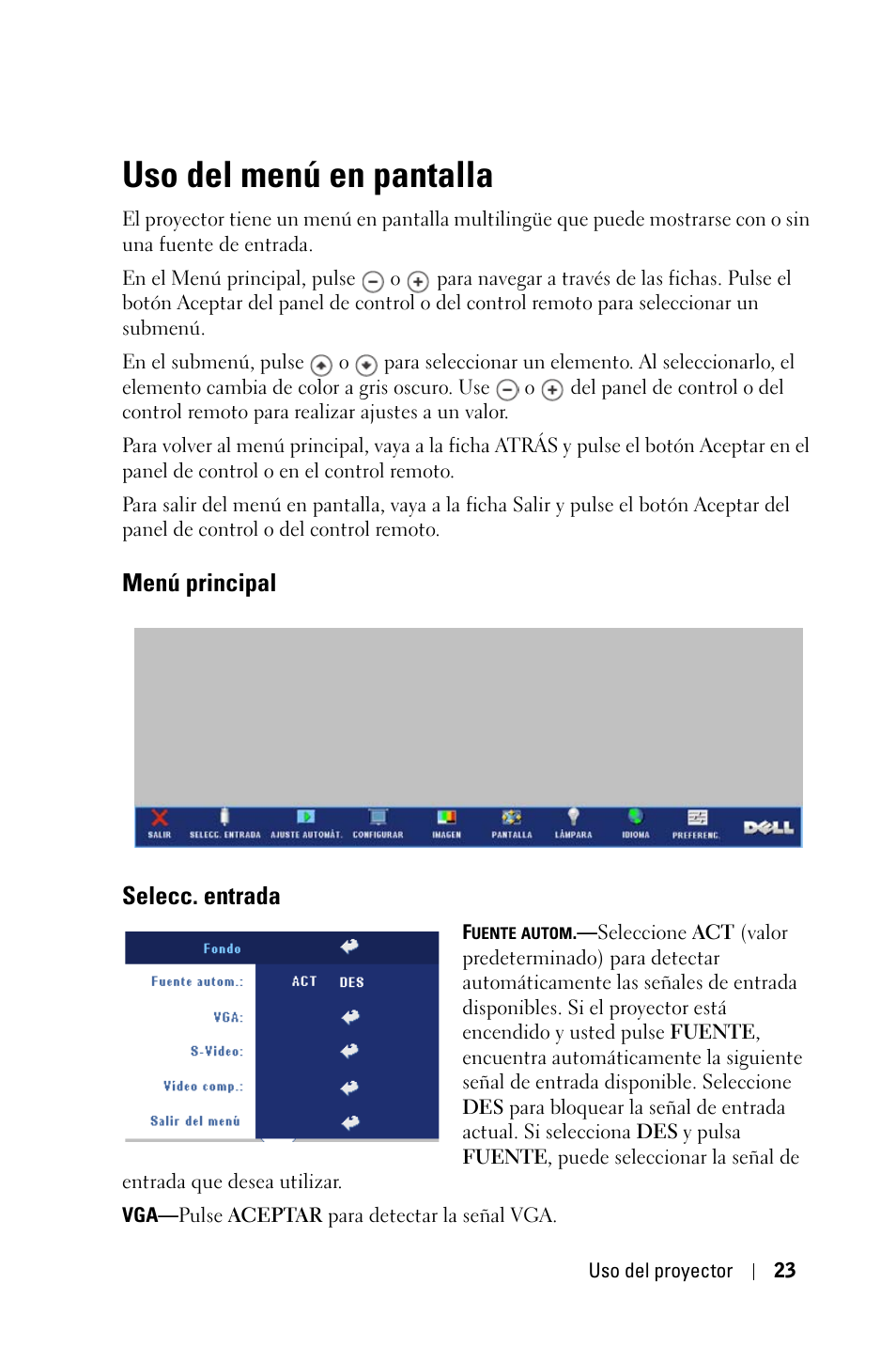 Uso del menú en pantalla, Menú principal, Selecc. entrada | Menú principal selecc. entrada | Dell 2400MP User Manual | Page 191 / 346