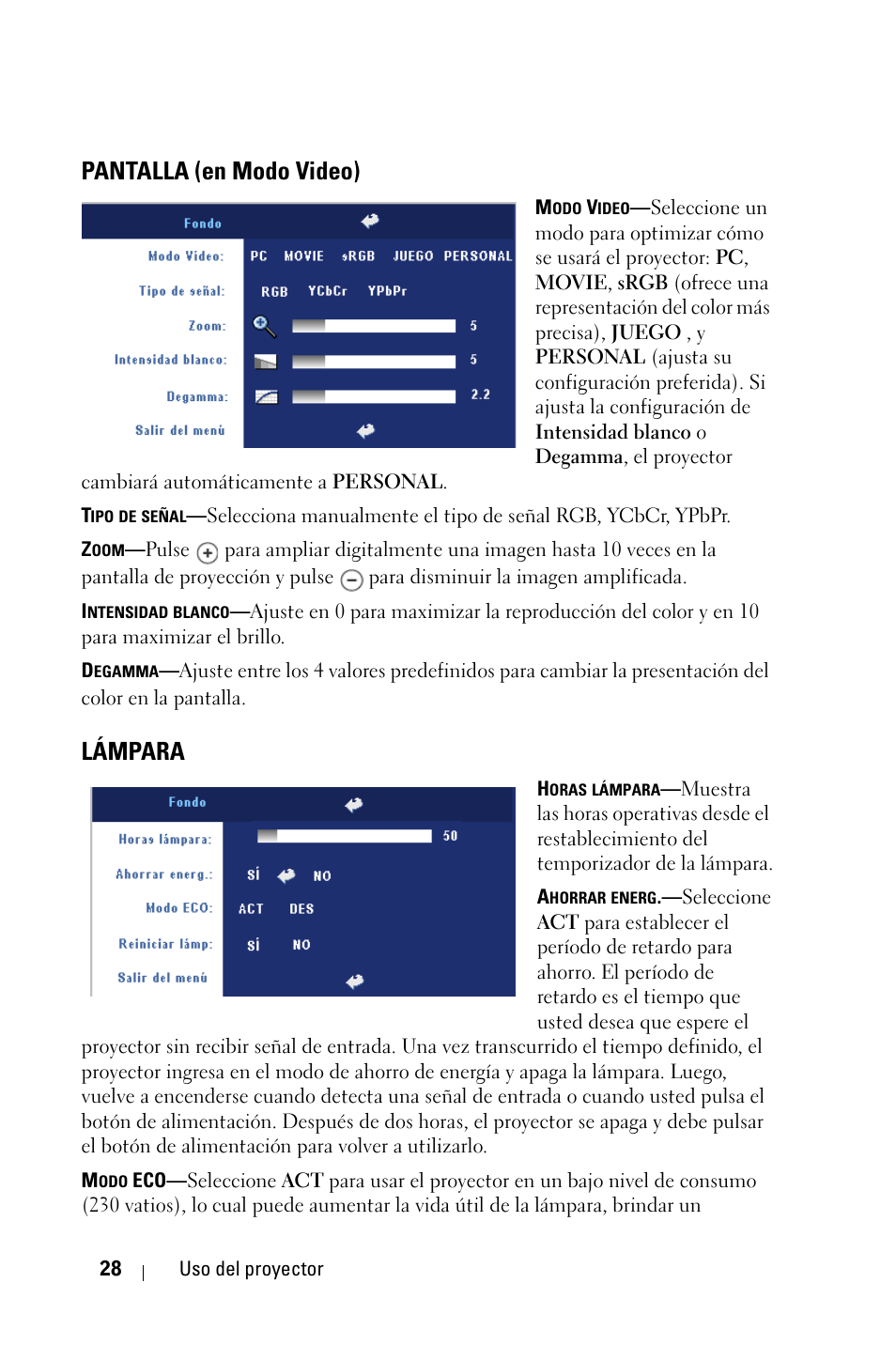 Pantalla (en modo video), Lámpara | Dell 2400MP User Manual | Page 196 / 346