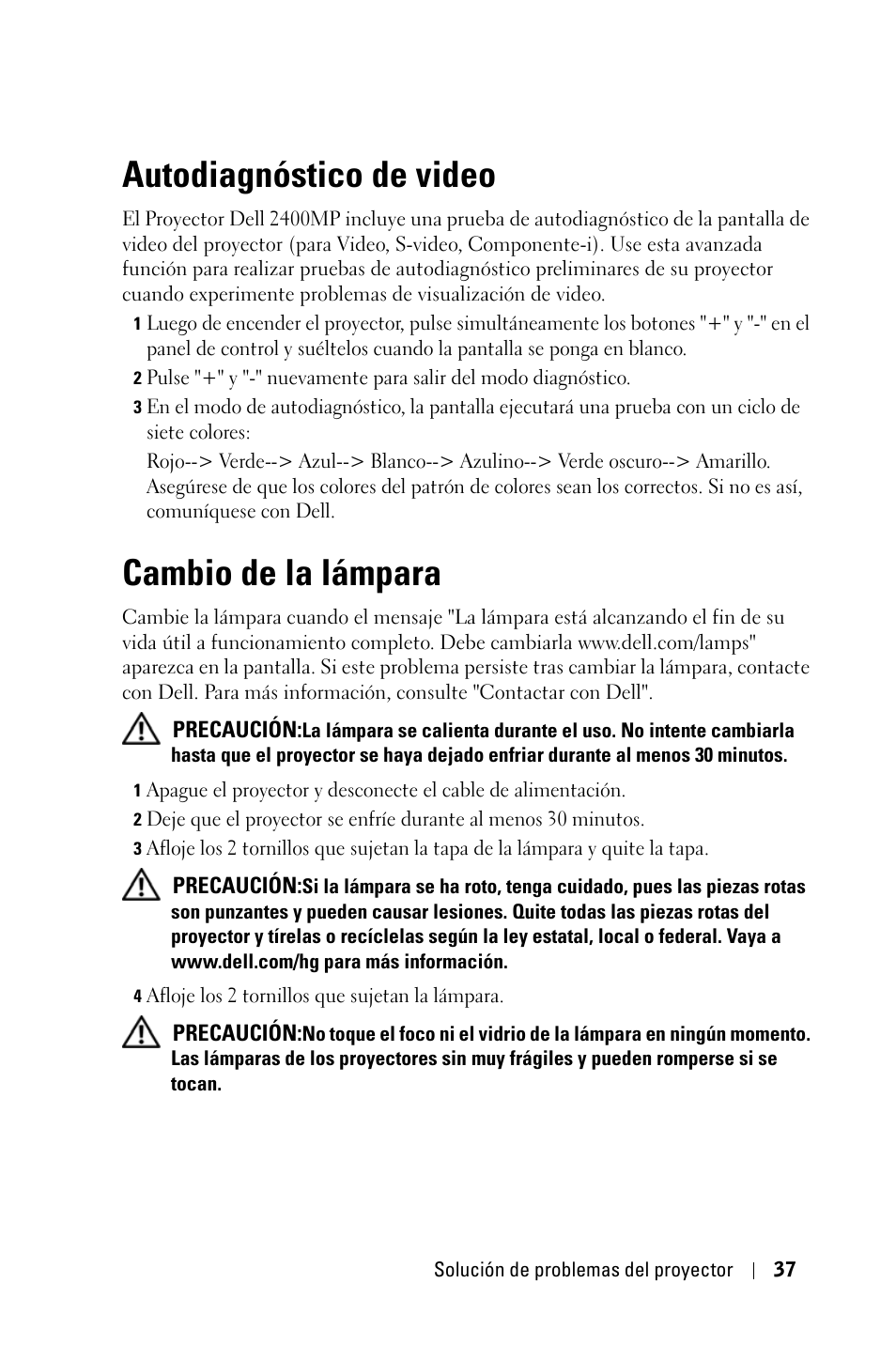 Autodiagnóstico de video, Cambio de la lámpara | Dell 2400MP User Manual | Page 205 / 346