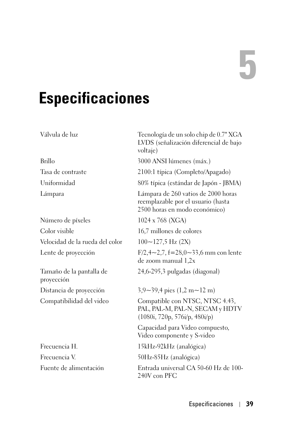 Especificaciones | Dell 2400MP User Manual | Page 207 / 346