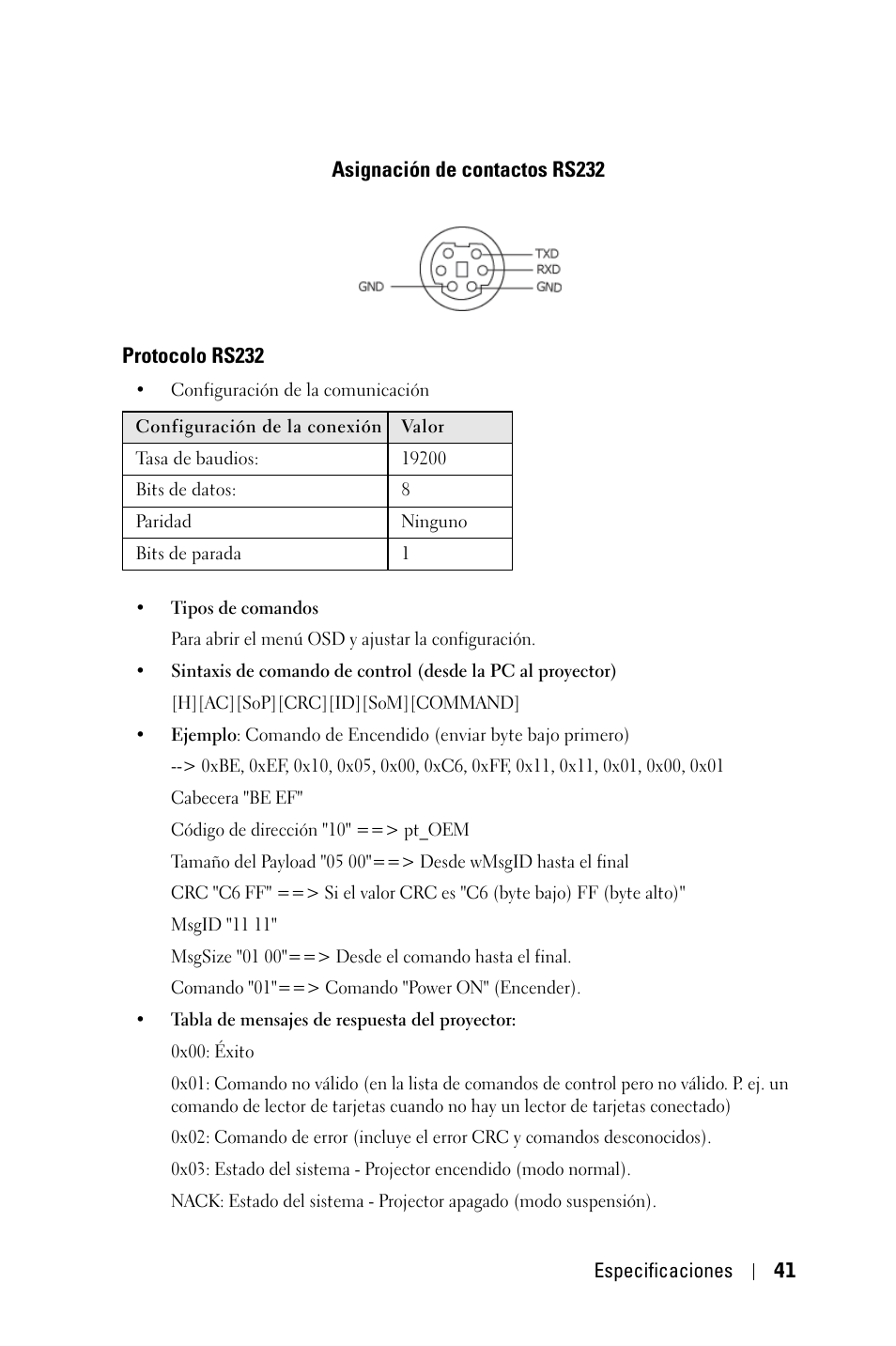 Asignación de contactos rs232, Protocolo rs232 | Dell 2400MP User Manual | Page 209 / 346