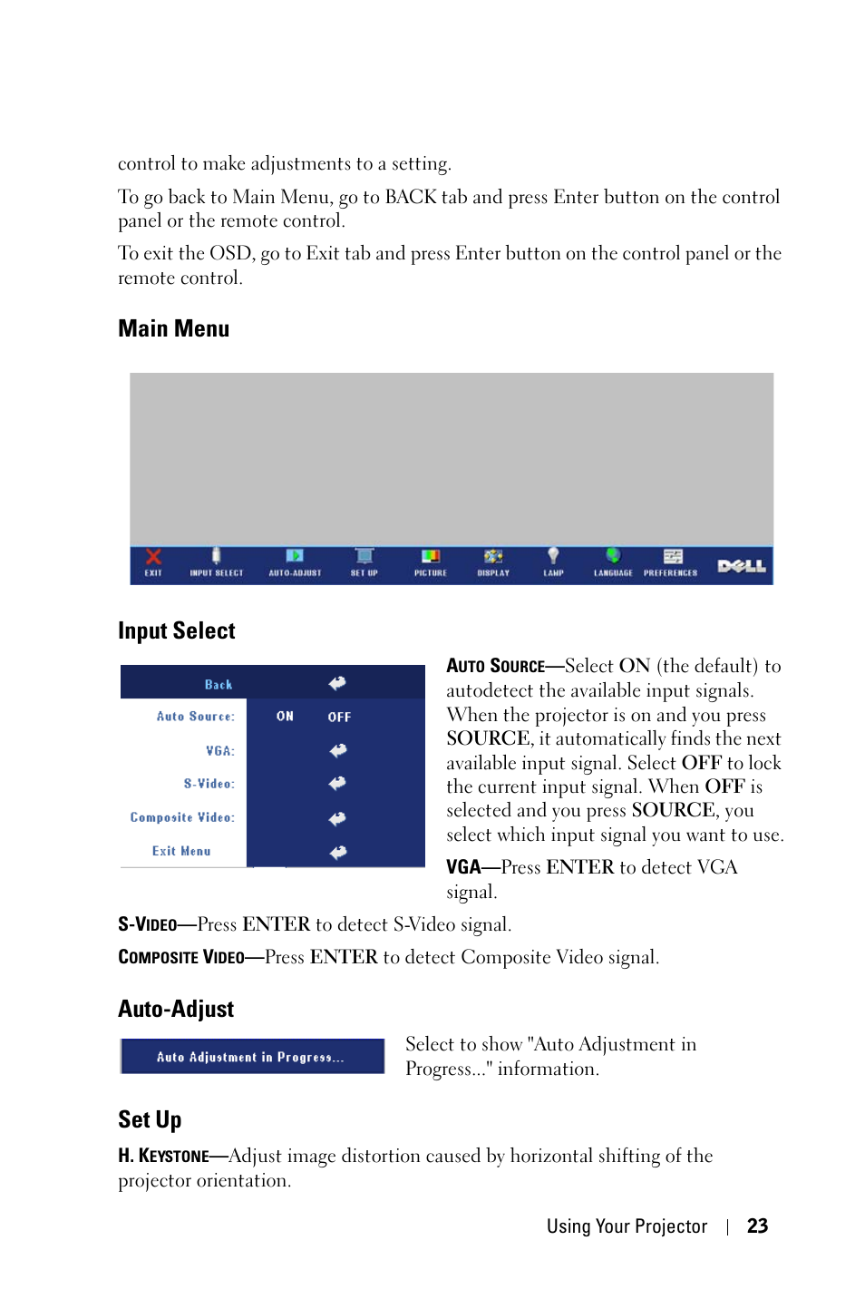 Main menu, Input select, Auto-adjust | Set up, Main menu input select | Dell 2400MP User Manual | Page 23 / 346