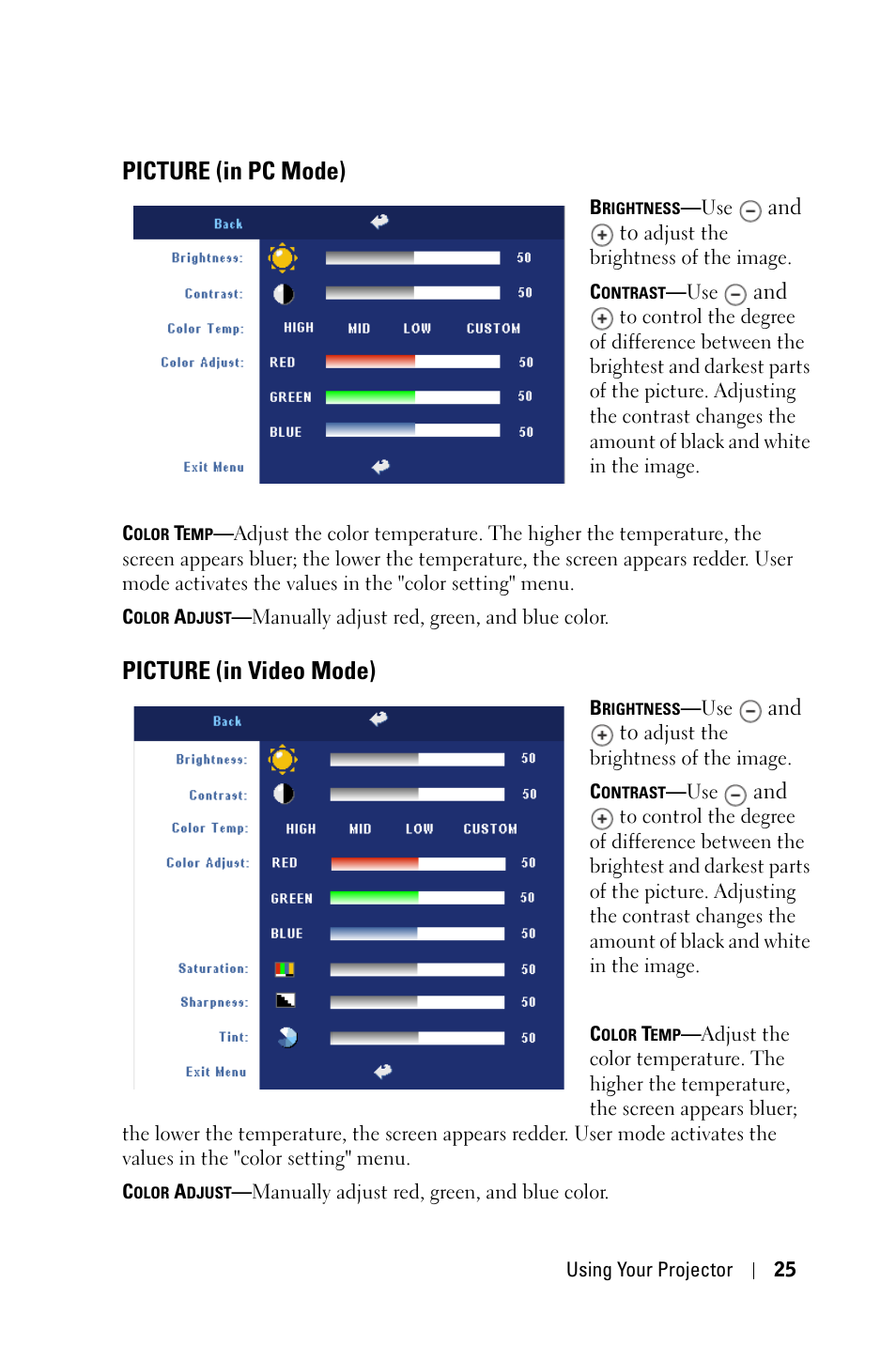 Picture (in pc mode), Picture (in video mode) | Dell 2400MP User Manual | Page 25 / 346