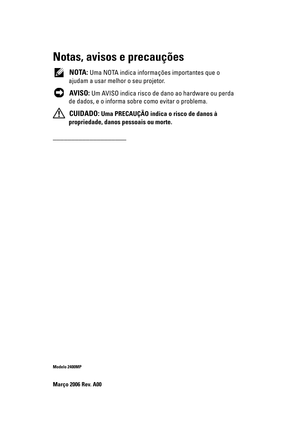 Notas, avisos e precauções | Dell 2400MP User Manual | Page 258 / 346