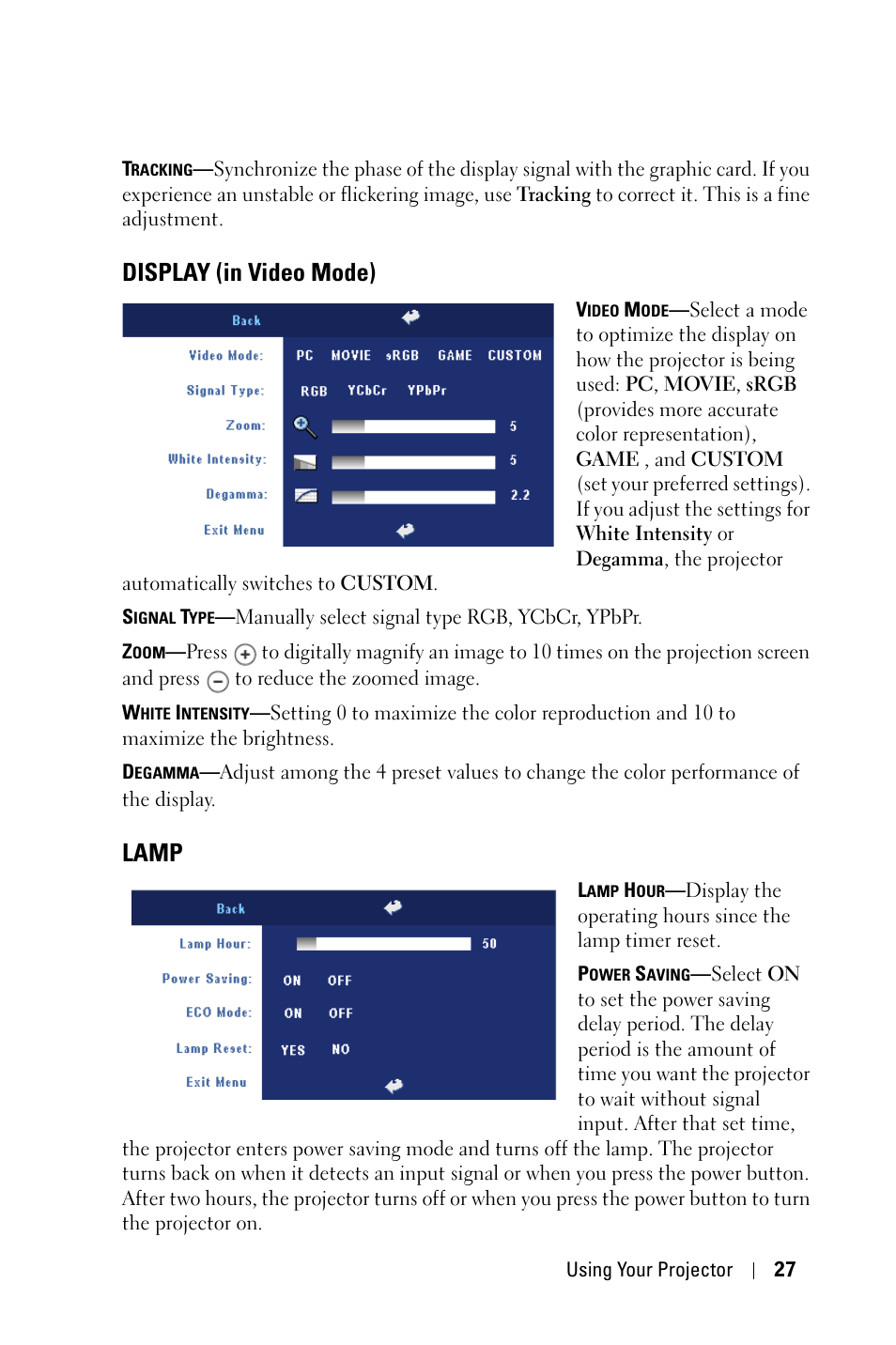 Display (in video mode), Lamp | Dell 2400MP User Manual | Page 27 / 346