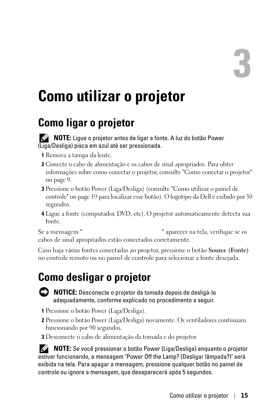 Como utilizar o projetor, Como ligar o projetor, Como desligar o projetor | Dell 2400MP User Manual | Page 271 / 346