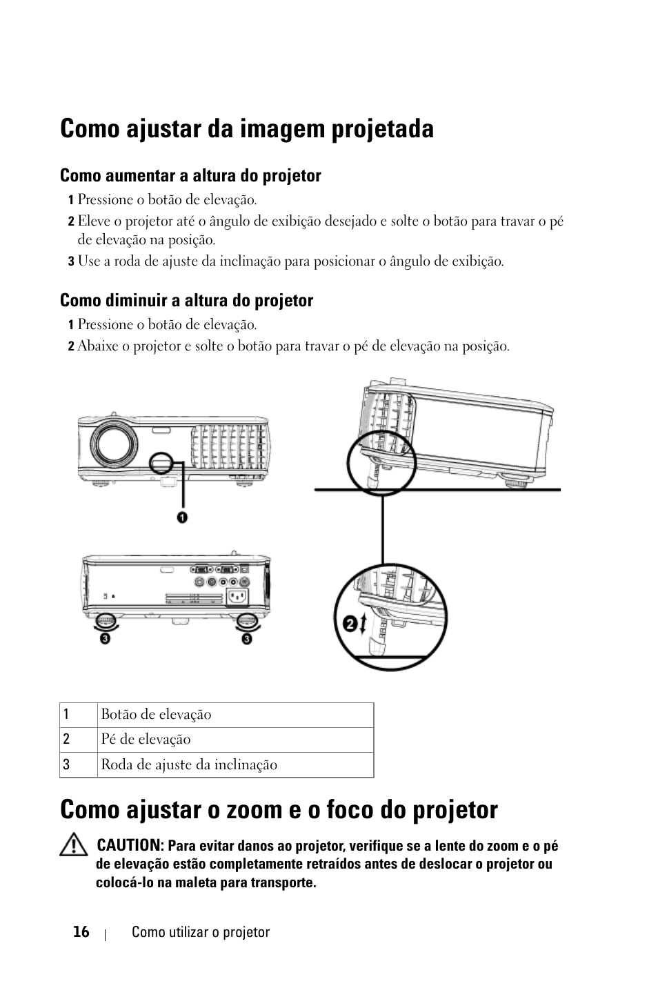 Como ajustar da imagem projetada, Como aumentar a altura do projetor, Como diminuir a altura do projetor | Como ajustar o zoom e o foco do projetor | Dell 2400MP User Manual | Page 272 / 346
