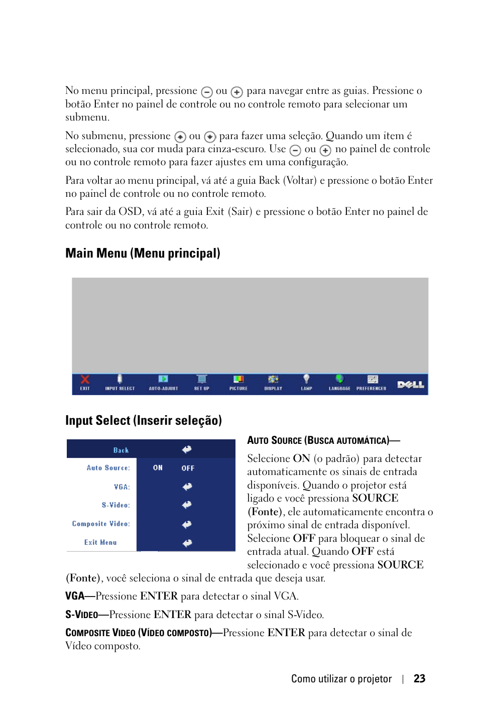 Main menu (menu principal), Input select (inserir seleção) | Dell 2400MP User Manual | Page 279 / 346