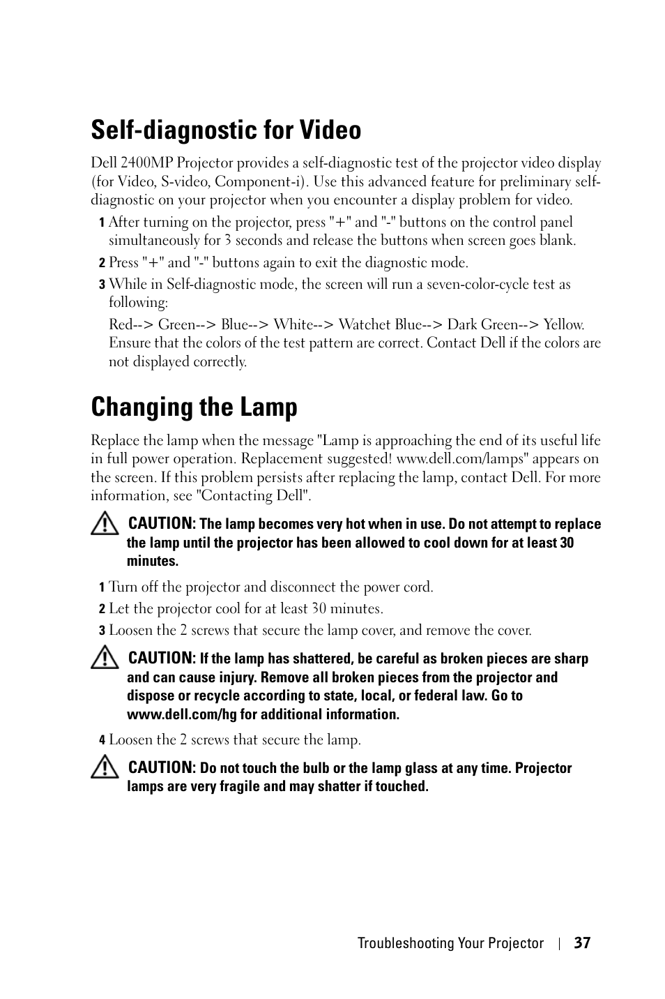 Self-diagnostic for video, Changing the lamp | Dell 2400MP User Manual | Page 37 / 346