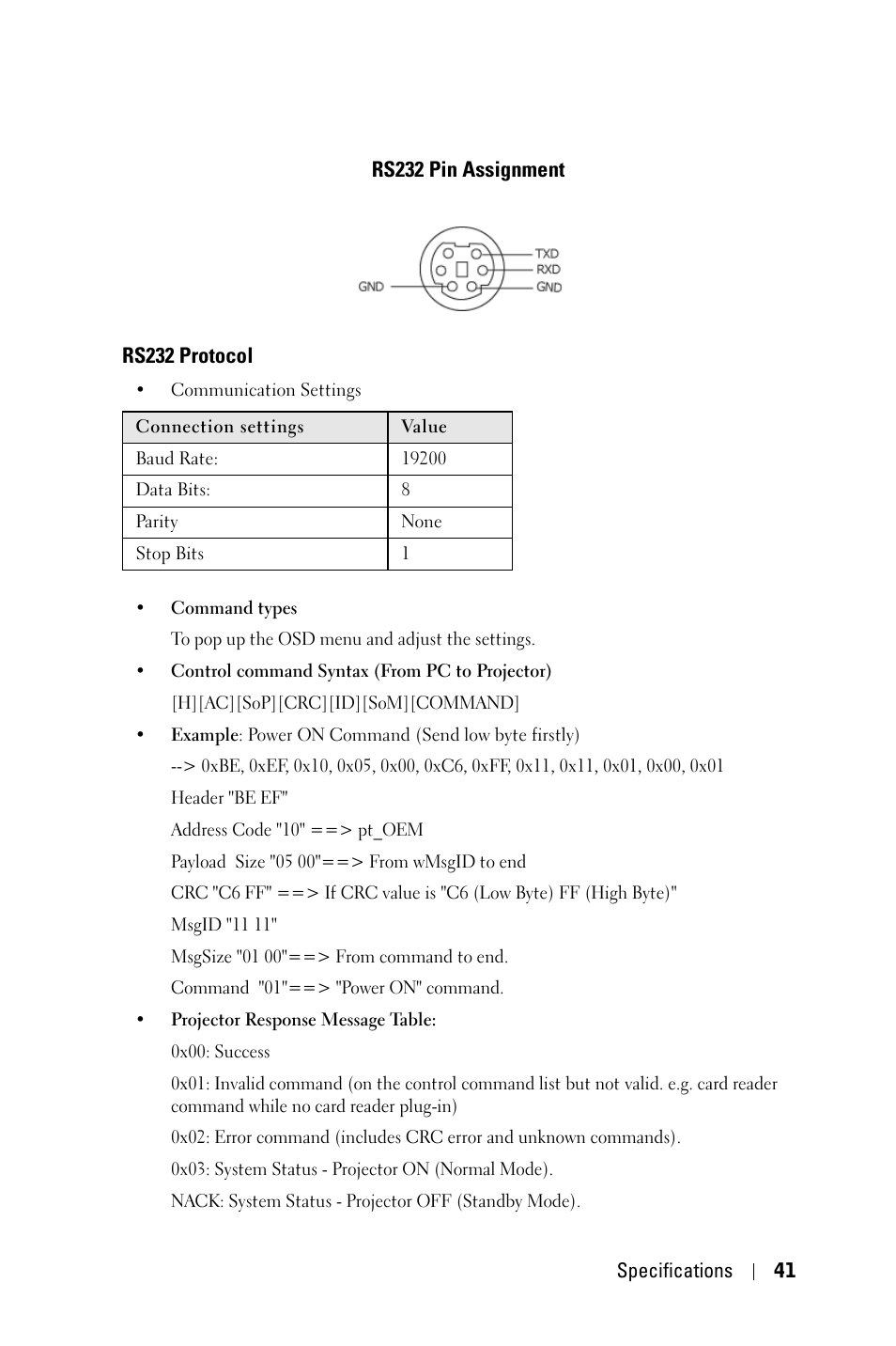 Rs232 pin assignment, Rs232 protocol | Dell 2400MP User Manual | Page 41 / 346