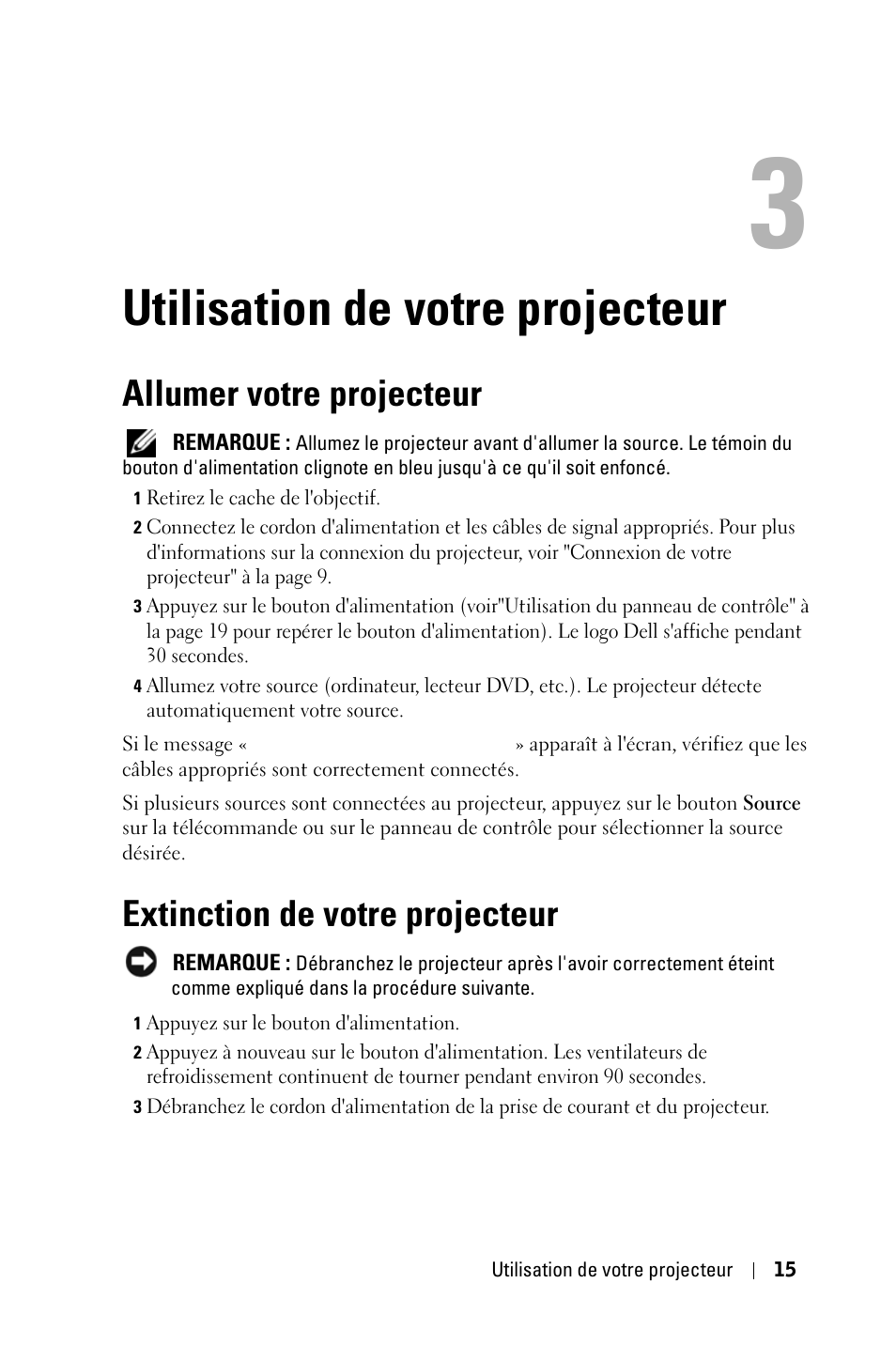 Utilisation de votre projecteur, Allumer votre projecteur, Extinction de votre projecteur | Dell 2400MP User Manual | Page 95 / 346