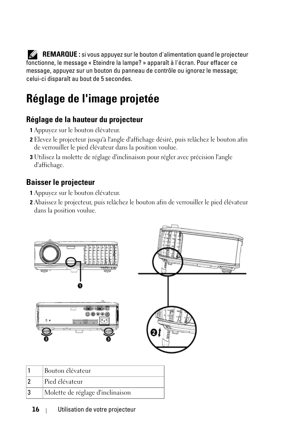 Réglage de l'image projetée, Réglage de la hauteur du projecteur, Baisser le projecteur | Dell 2400MP User Manual | Page 96 / 346