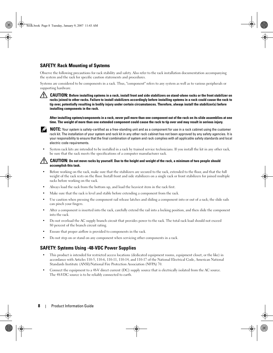 Safety: rack mounting of systems, Safety: systems using -48-vdc power supplies | Dell ECX User Manual | Page 10 / 222