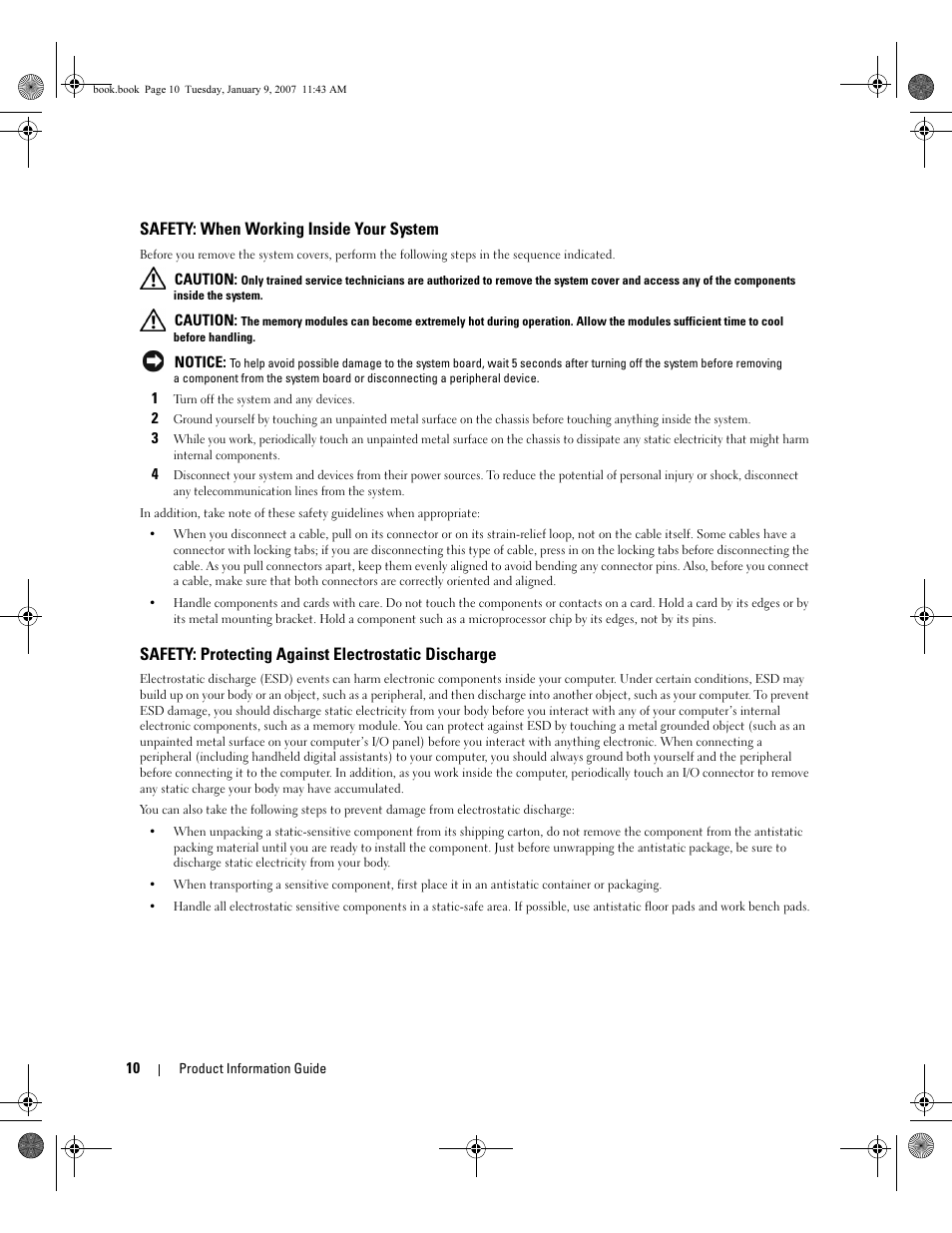 Safety: when working inside your system, Safety: protecting against electrostatic discharge | Dell ECX User Manual | Page 12 / 222