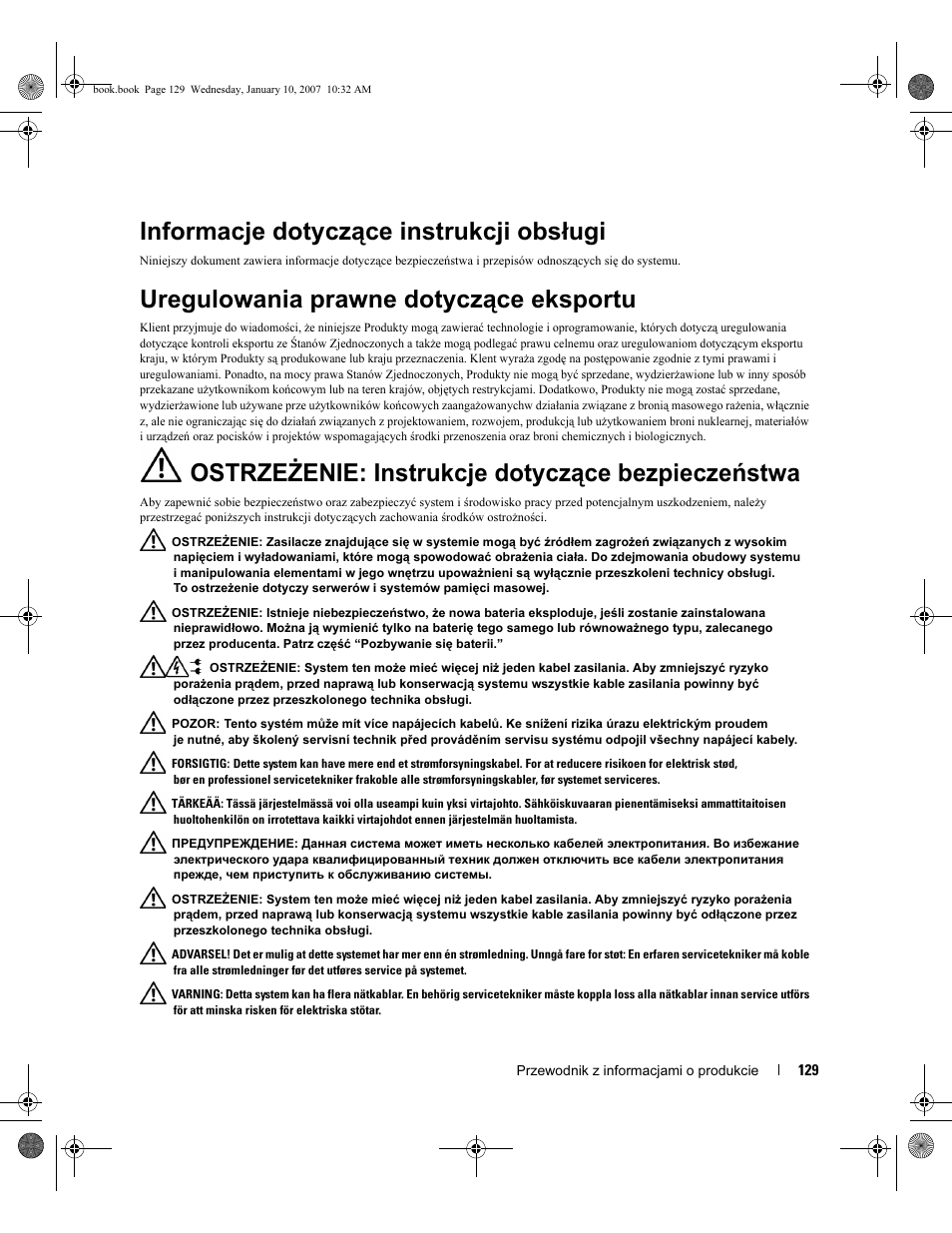 Informacje dotyczące instrukcji obsługi, Uregulowania prawne dotyczące eksportu, Ostrzeżenie: instrukcje dotyczące bezpieczeństwa | Dell ECX User Manual | Page 131 / 222