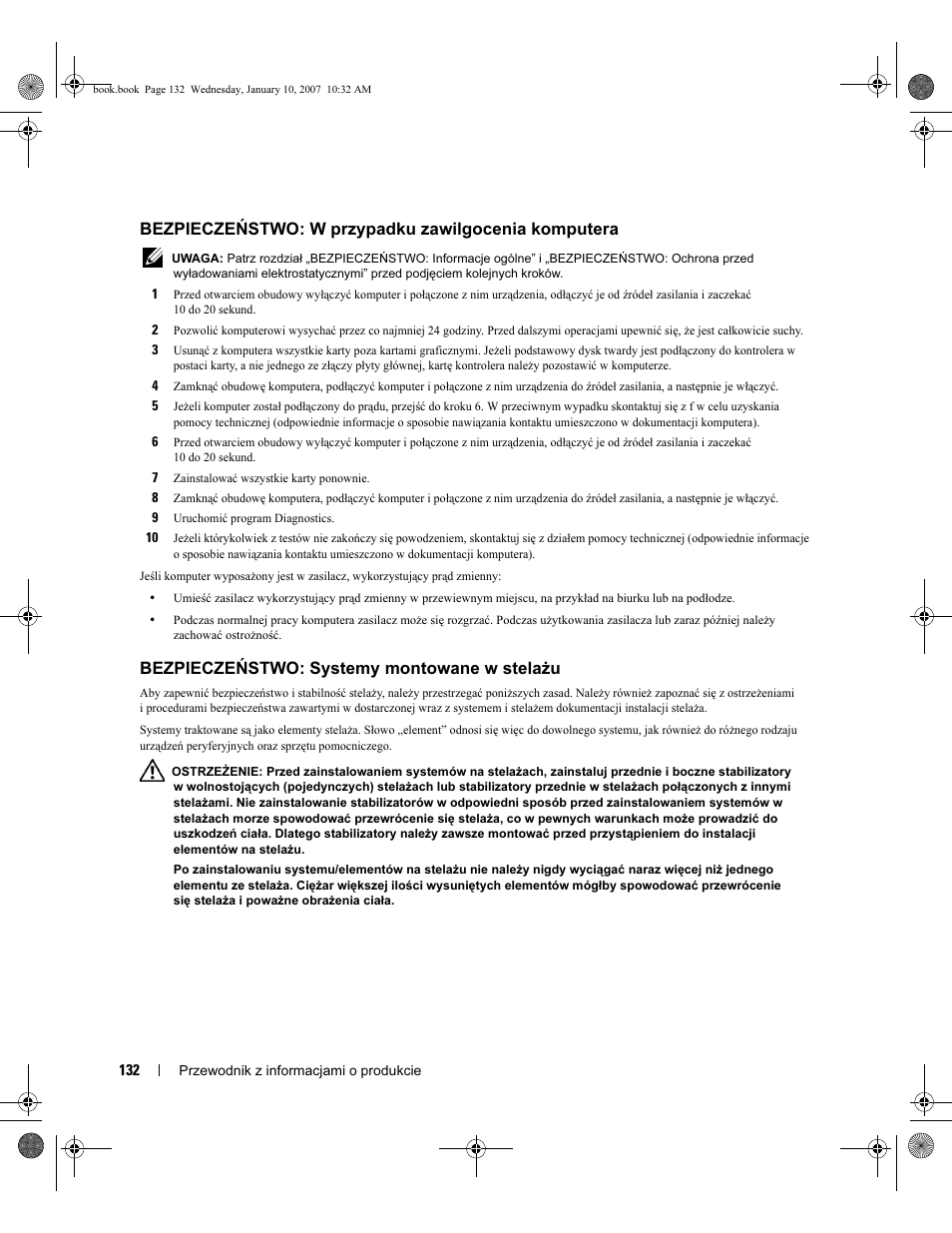 Bezpieczeństwo: w przypadku zawilgocenia komputera, Bezpieczeństwo: systemy montowane w stelażu | Dell ECX User Manual | Page 134 / 222
