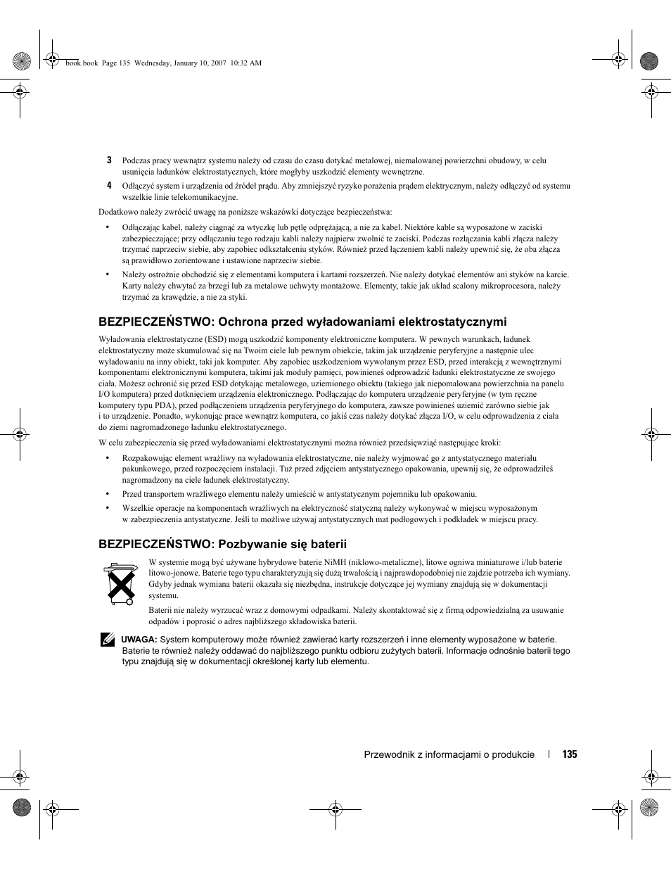 Bezpieczeństwo: pozbywanie się baterii | Dell ECX User Manual | Page 137 / 222