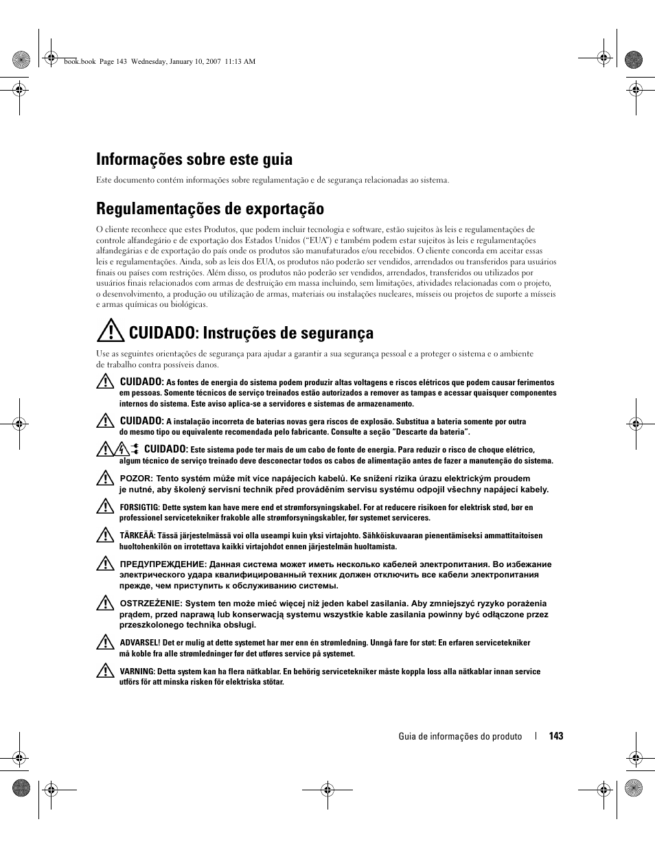 Informações sobre este guia, Regulamentações de exportação, Cuidado: instruções de segurança | Dell ECX User Manual | Page 145 / 222