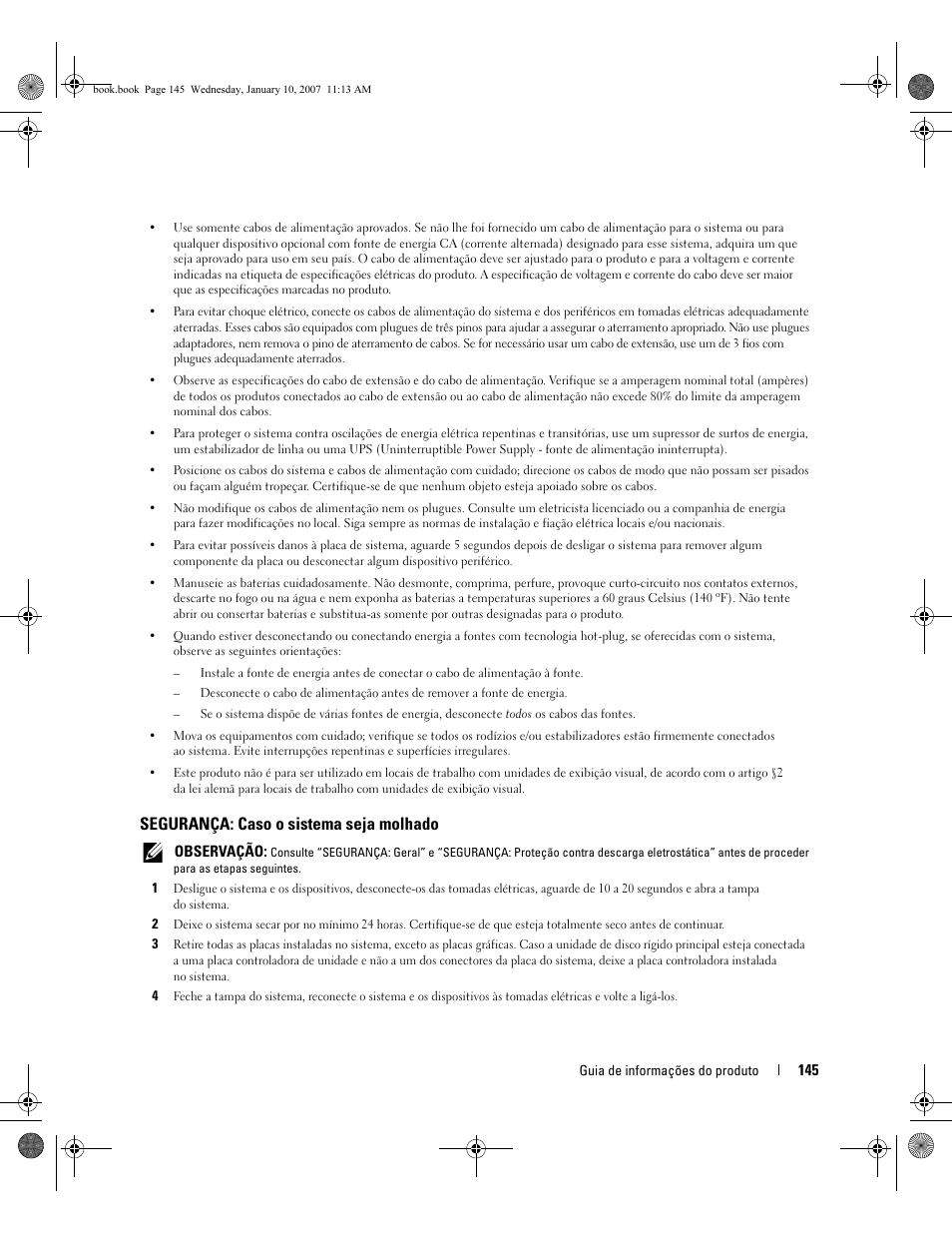 Segurança: caso o sistema seja molhado | Dell ECX User Manual | Page 147 / 222