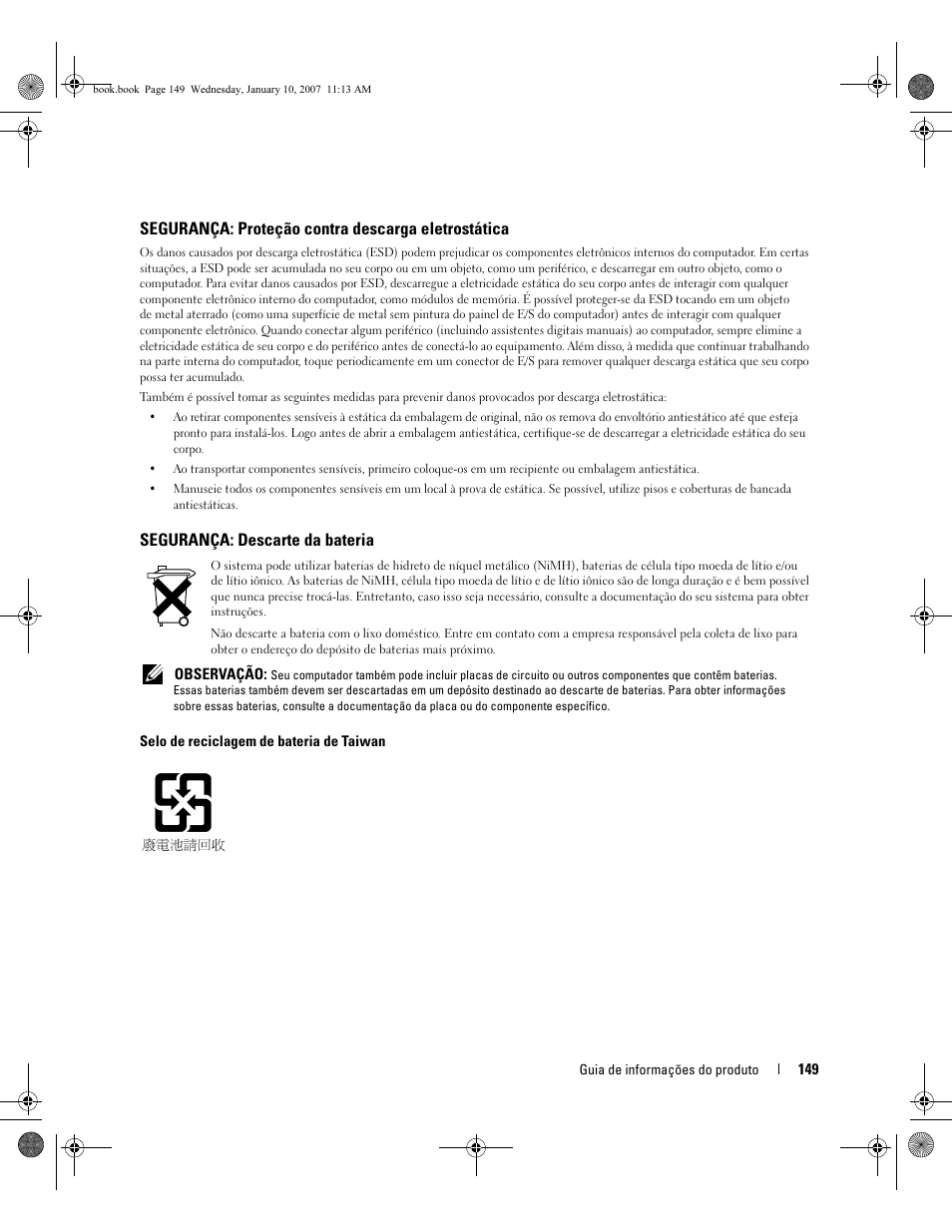 Segurança: proteção contra descarga eletrostática, Segurança: descarte da bateria | Dell ECX User Manual | Page 151 / 222