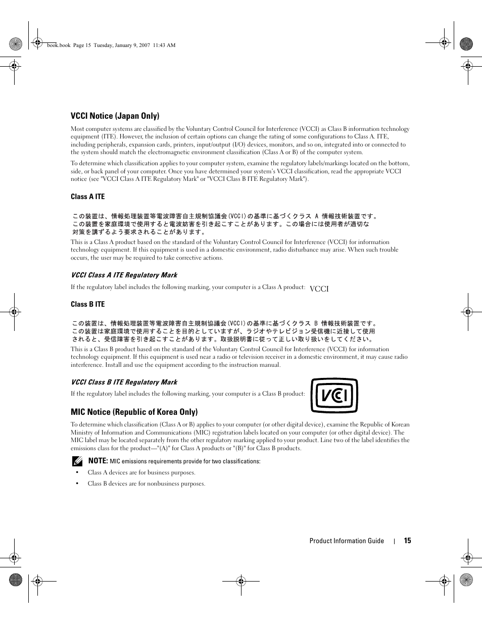 Vcci notice (japan only), Mic notice (republic of korea only) | Dell ECX User Manual | Page 17 / 222