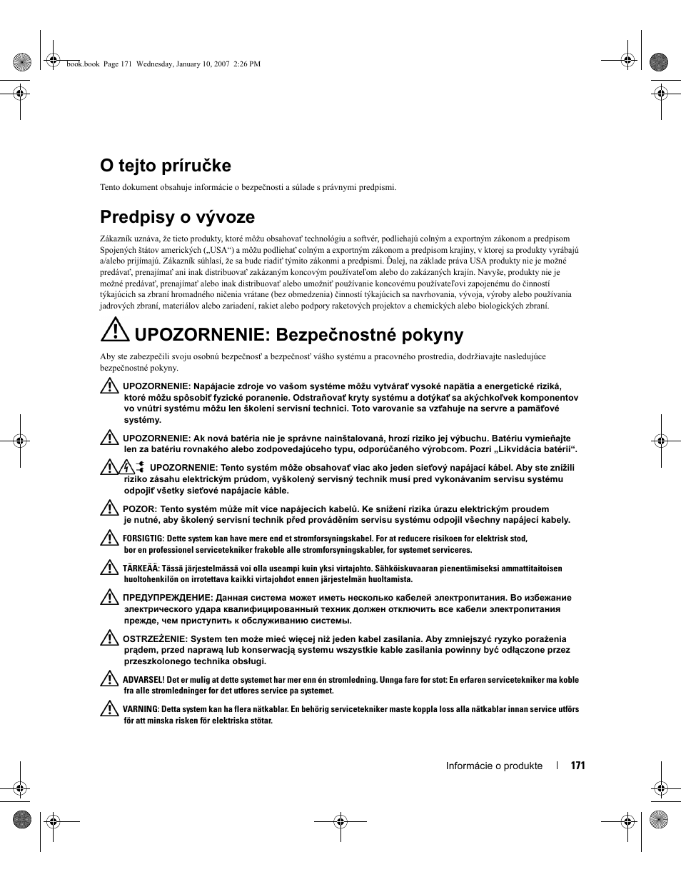 O tejto príručke, Predpisy o vývoze, Upozornenie: bezpečnostné pokyny | Dell ECX User Manual | Page 173 / 222