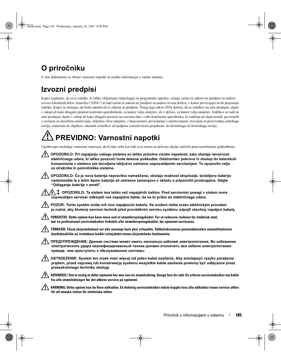 O priročniku, Izvozni predpisi, Previdno: varnostni napotki | Dell ECX User Manual | Page 187 / 222