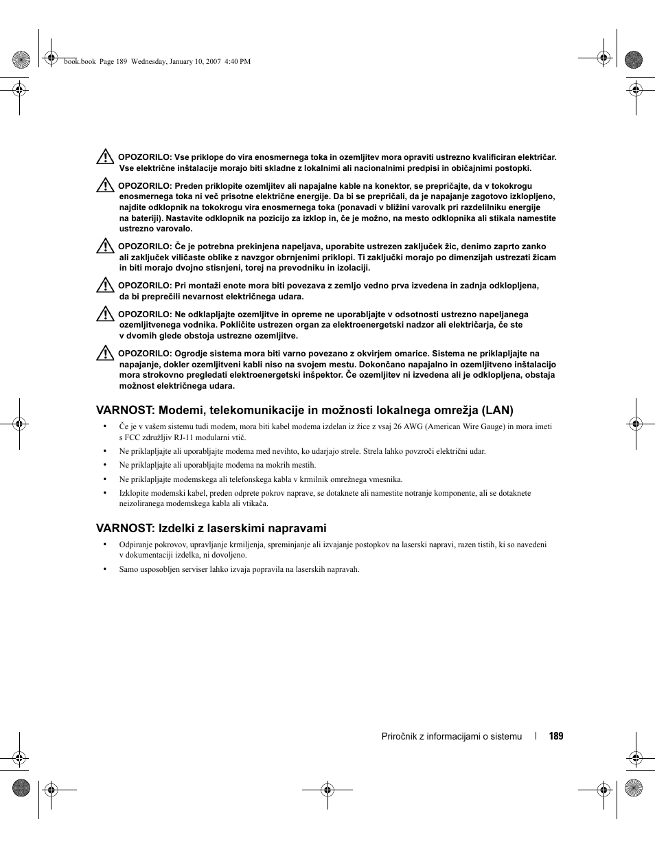 Varnost: izdelki z laserskimi napravami | Dell ECX User Manual | Page 191 / 222