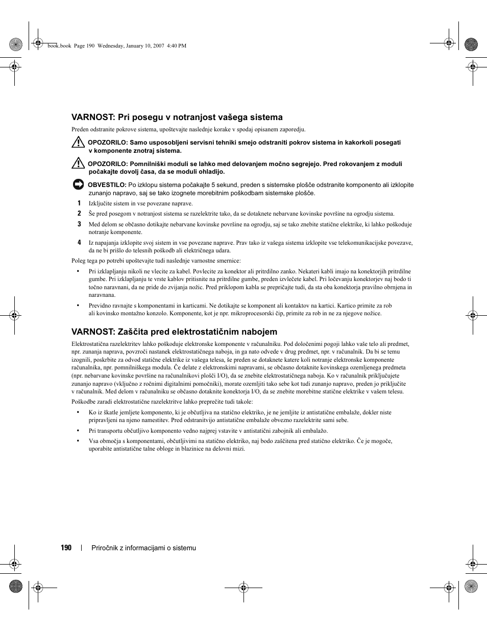 Varnost: pri posegu v notranjost vašega sistema, Varnost: zaščita pred elektrostatičnim nabojem | Dell ECX User Manual | Page 192 / 222