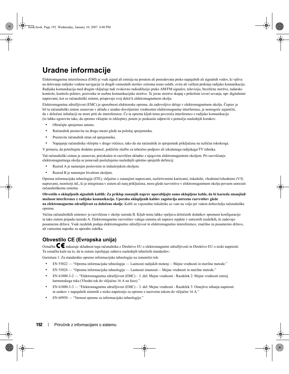 Uradne informacije, Obvestilo ce (evropska unija) | Dell ECX User Manual | Page 194 / 222