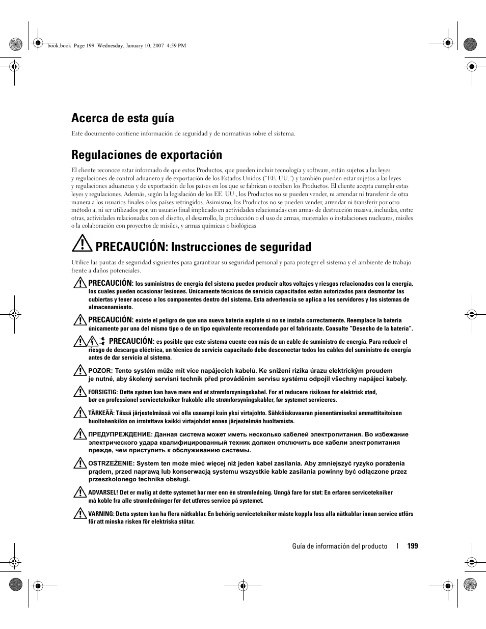Acerca de esta guía, Regulaciones de exportación, Precaución: instrucciones de seguridad | Dell ECX User Manual | Page 201 / 222