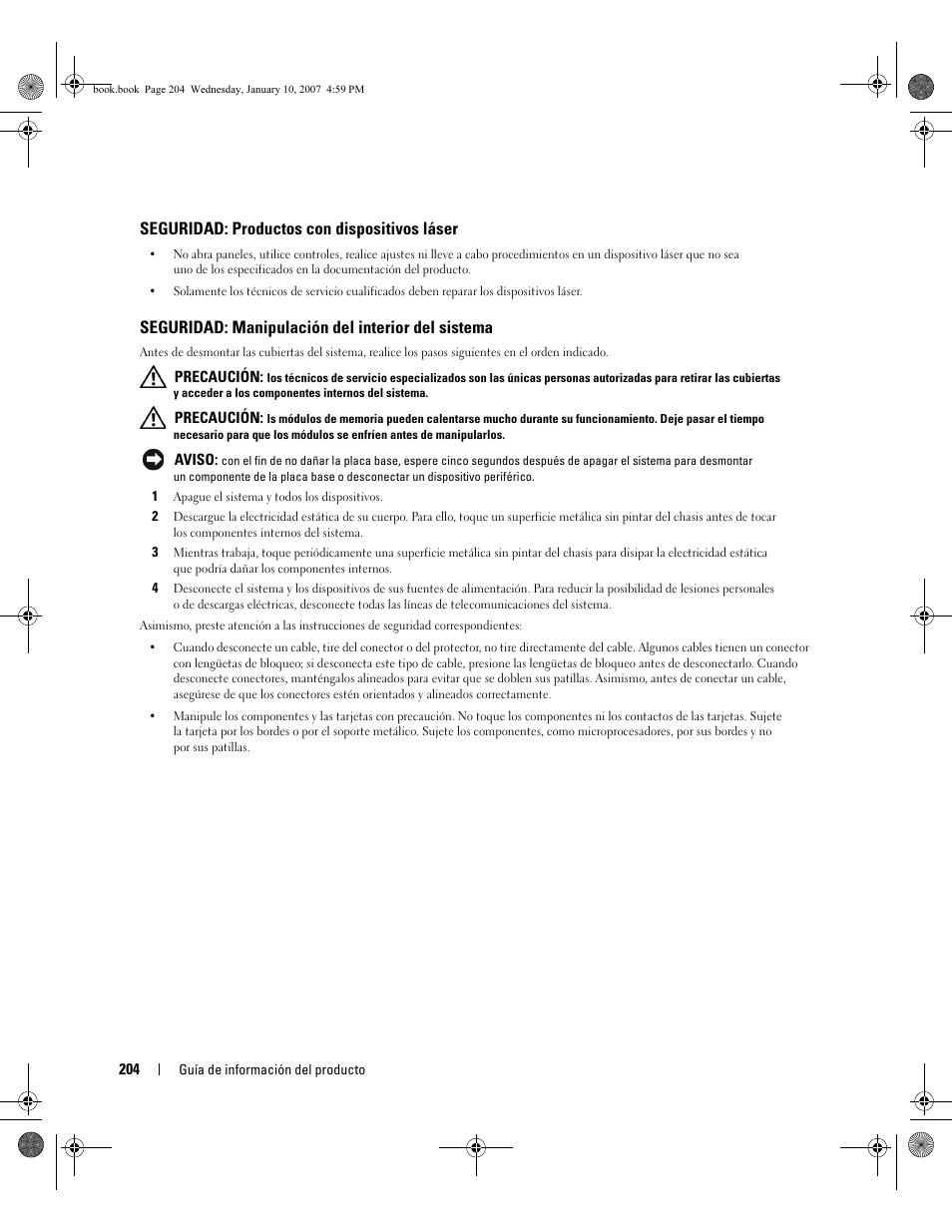 Seguridad: productos con dispositivos láser, Seguridad: manipulación del interior del sistema | Dell ECX User Manual | Page 206 / 222