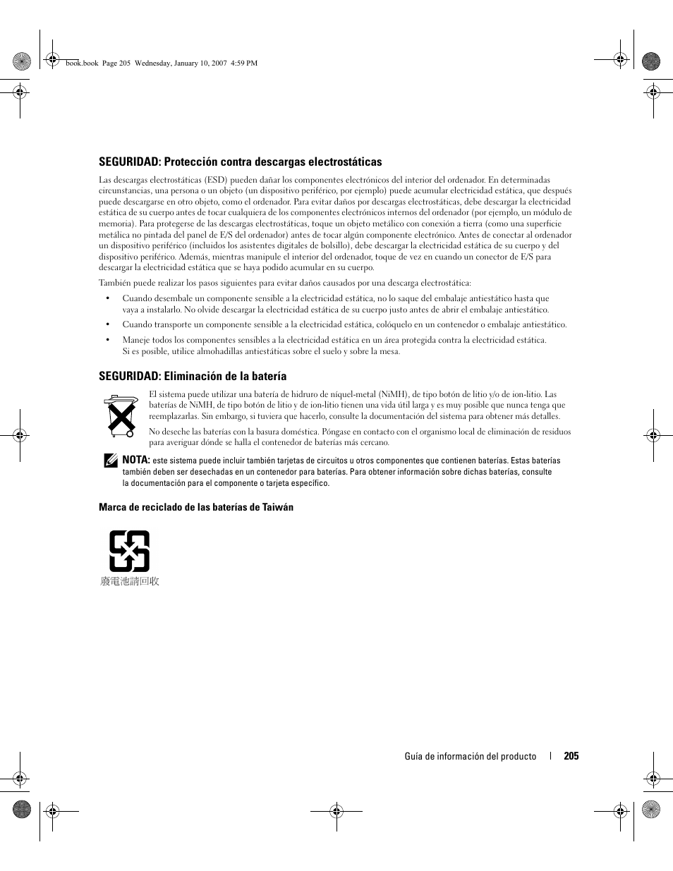 Seguridad: eliminación de la batería | Dell ECX User Manual | Page 207 / 222