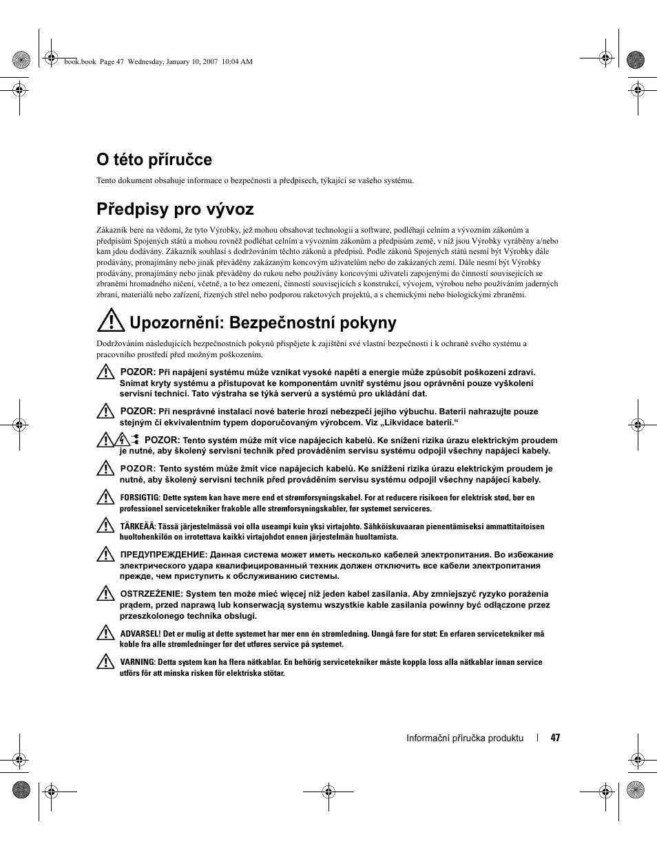 O této příručce, Předpisy pro vývoz, Upozornění: bezpečnostní pokyny | Dell ECX User Manual | Page 49 / 222