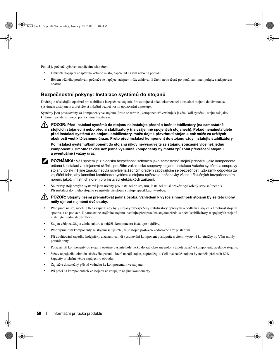 Bezpečnostní pokyny: instalace systémů do stojanů | Dell ECX User Manual | Page 52 / 222