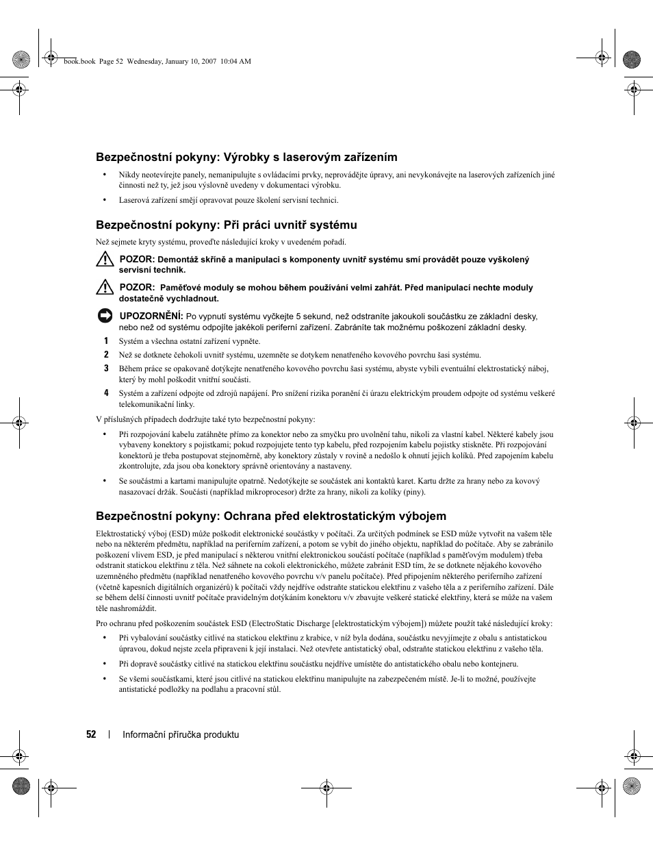 Bezpečnostní pokyny: výrobky s laserovým zařízením, Bezpečnostní pokyny: při práci uvnitř systému | Dell ECX User Manual | Page 54 / 222