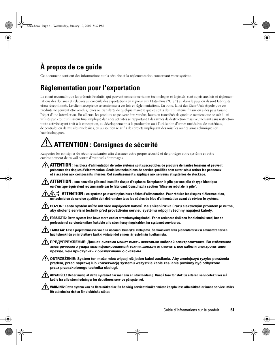 À propos de ce guide, Règlementation pour l'exportation, Attention : consignes de sécurité | Dell ECX User Manual | Page 63 / 222