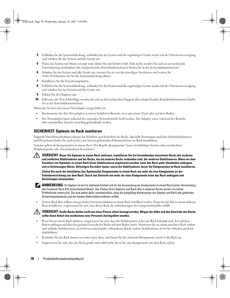 Sicherheit: systeme im rack montieren | Dell ECX User Manual | Page 80 / 222