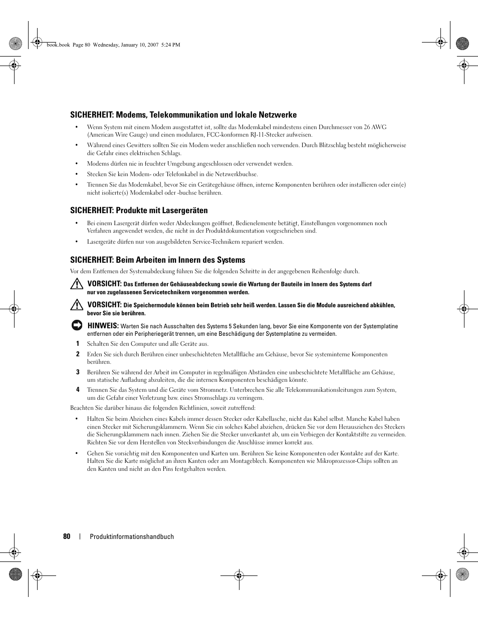 Sicherheit: produkte mit lasergeräten, Sicherheit: beim arbeiten im innern des systems | Dell ECX User Manual | Page 82 / 222